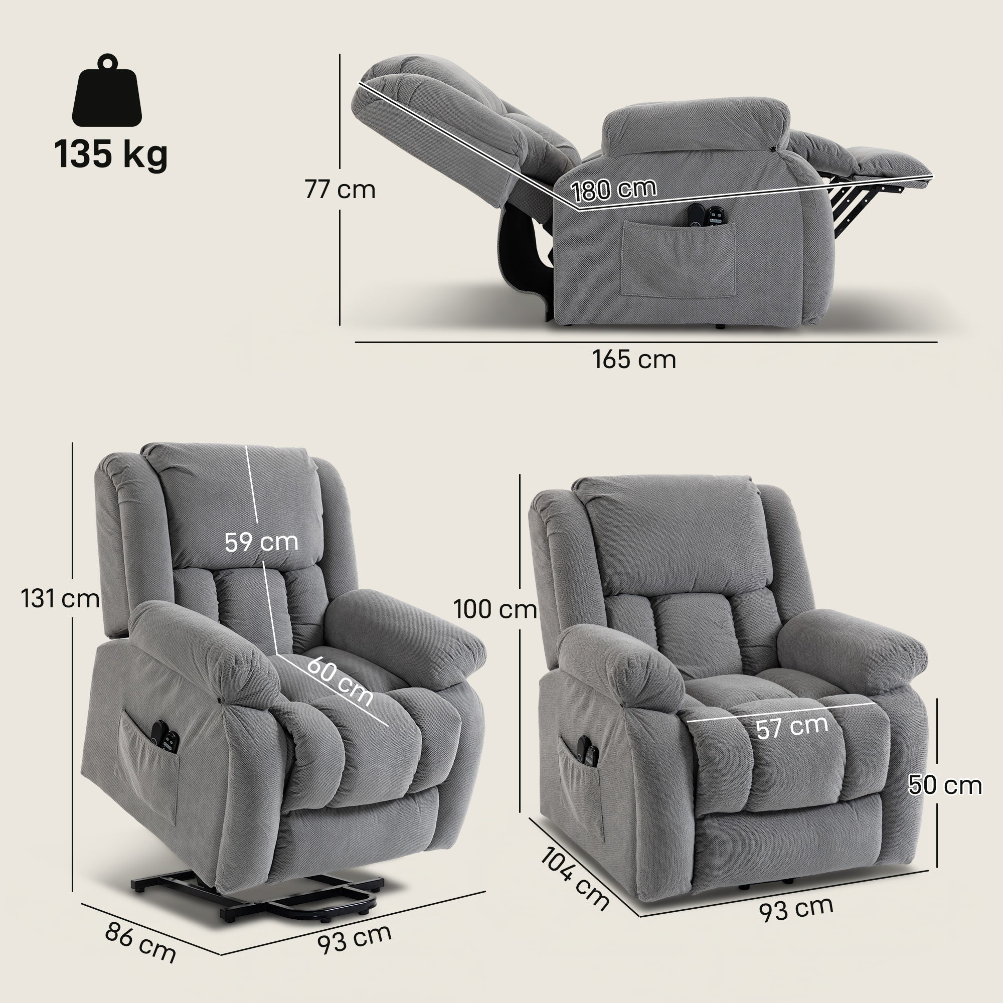 Recliner Armchair Lift Chair with Vibration Massage and Heat, Velvet-feel Fabric Electric Riser Recliner Chair for Elderly with Wide Seat, USB Port, Side Pockets for Living Room, Light Grey