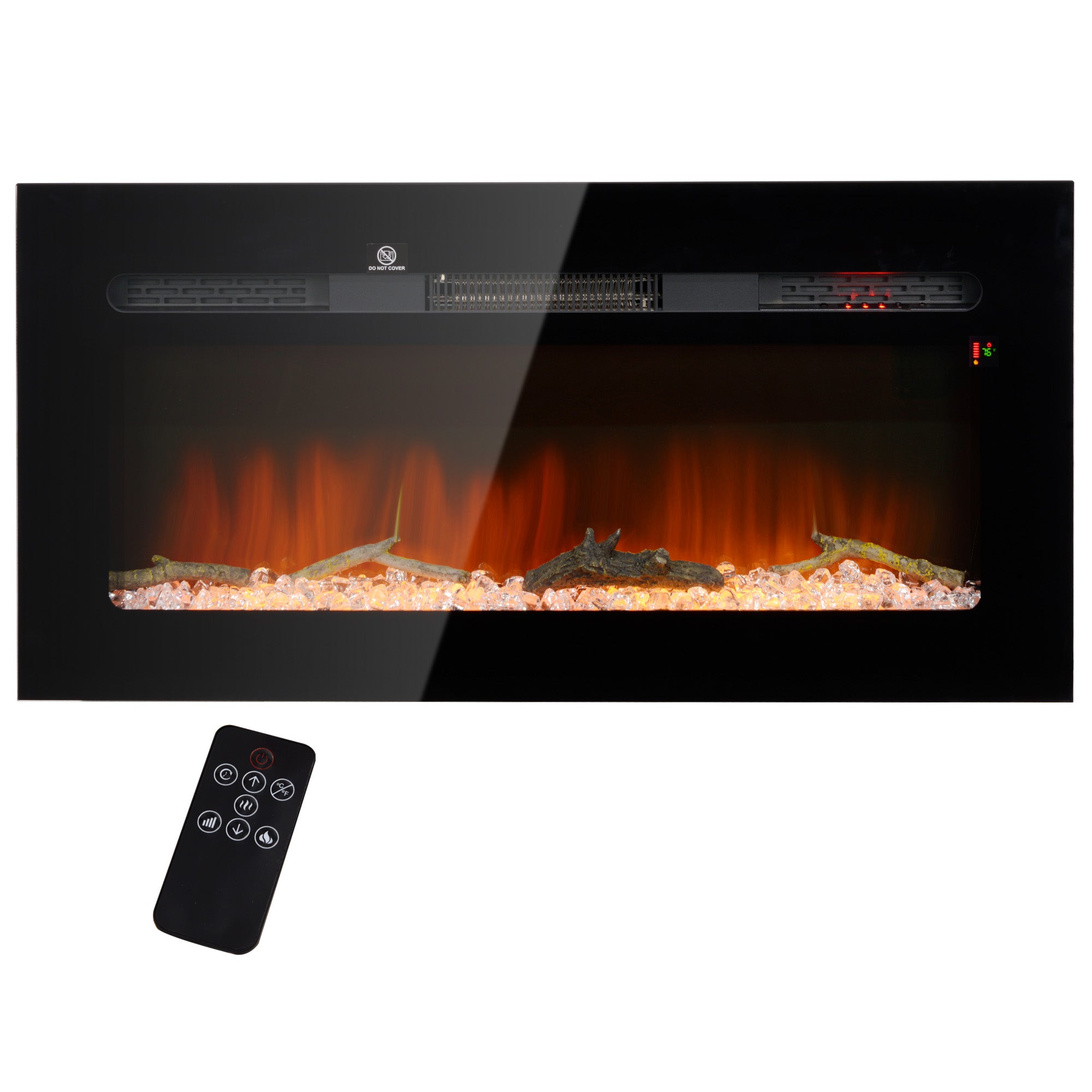 36" Electric Fireplace Heater with Remote Control, Adjustable Flame & Brightness, Black