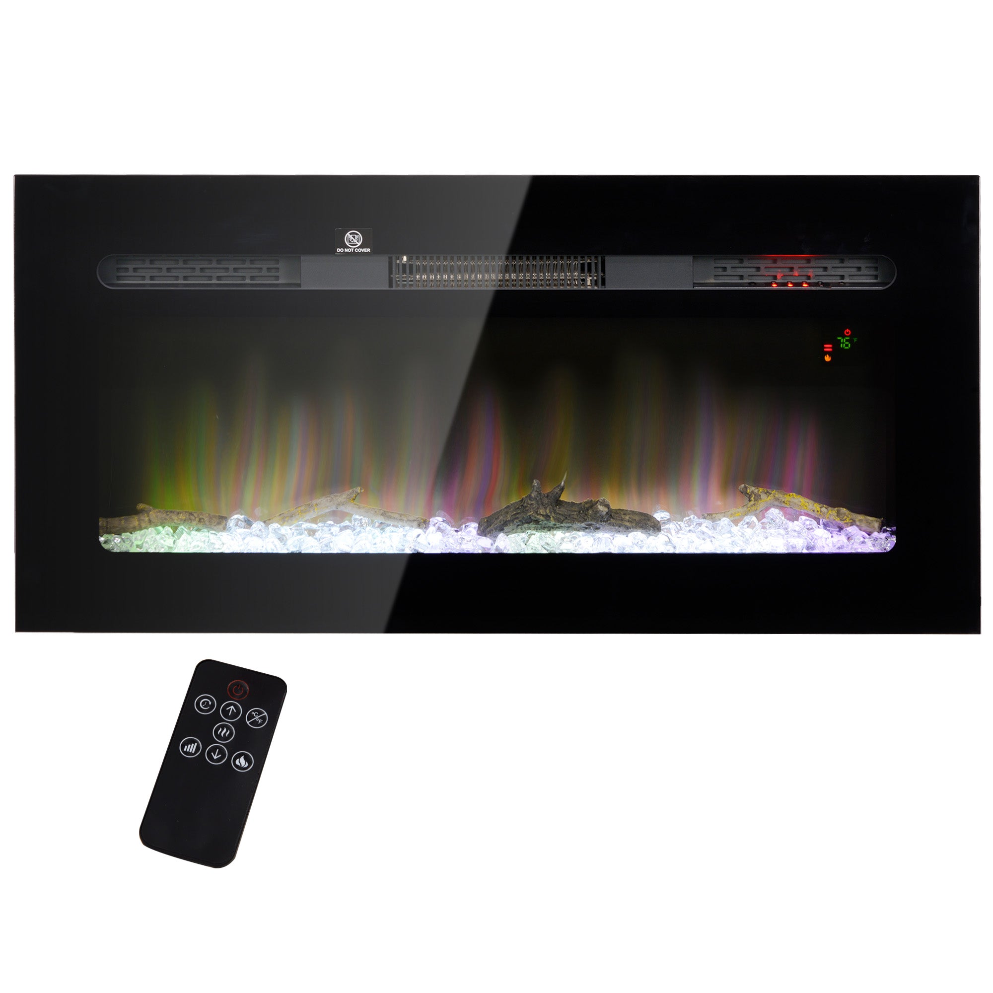 36" Electric Fireplace Heater w/ Remote Control, Adjustable Flame & Brightness, Black
