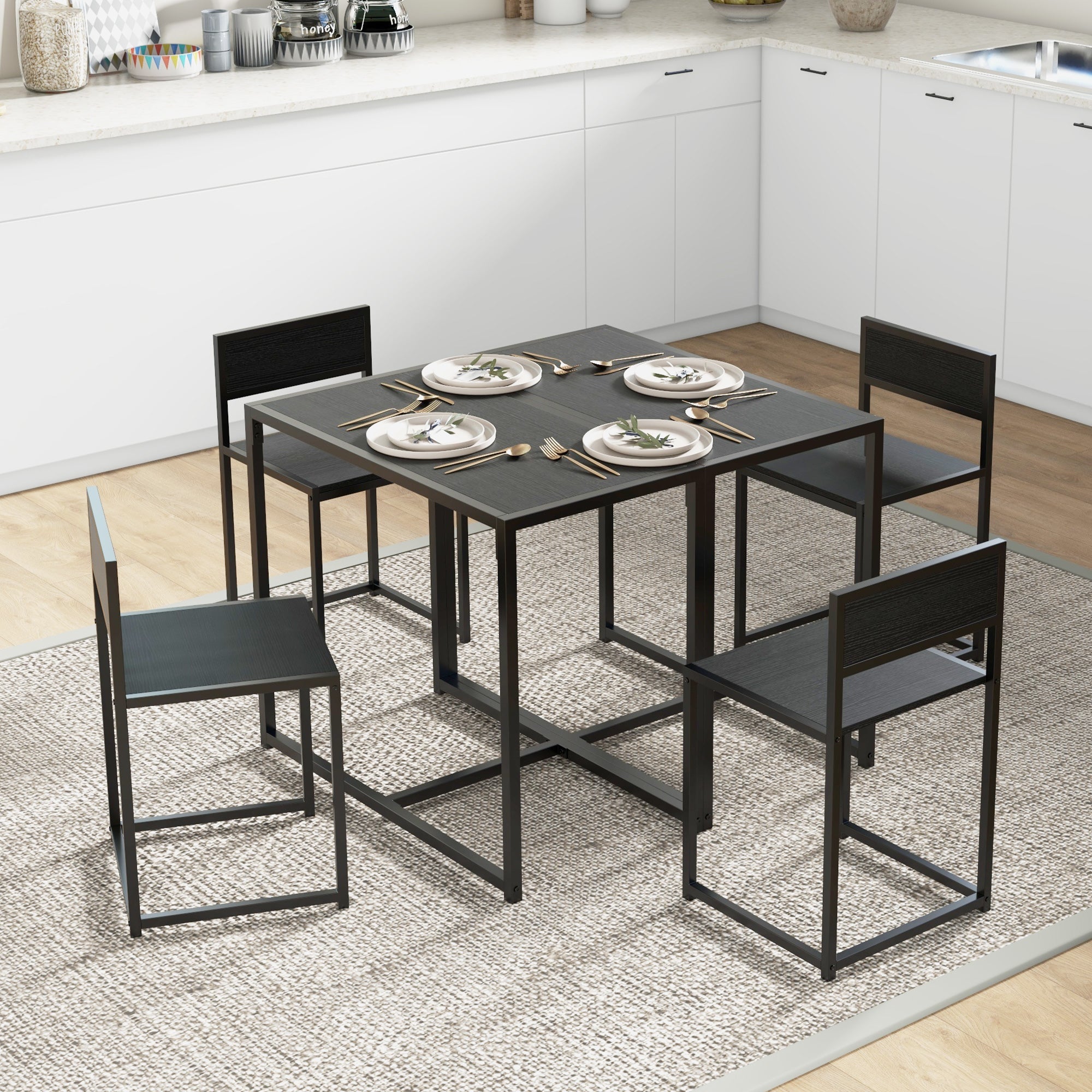 3-Piece Dining Room Set, Industrial Kitchen Rectangular Table & 2 Dining Chairs, Black