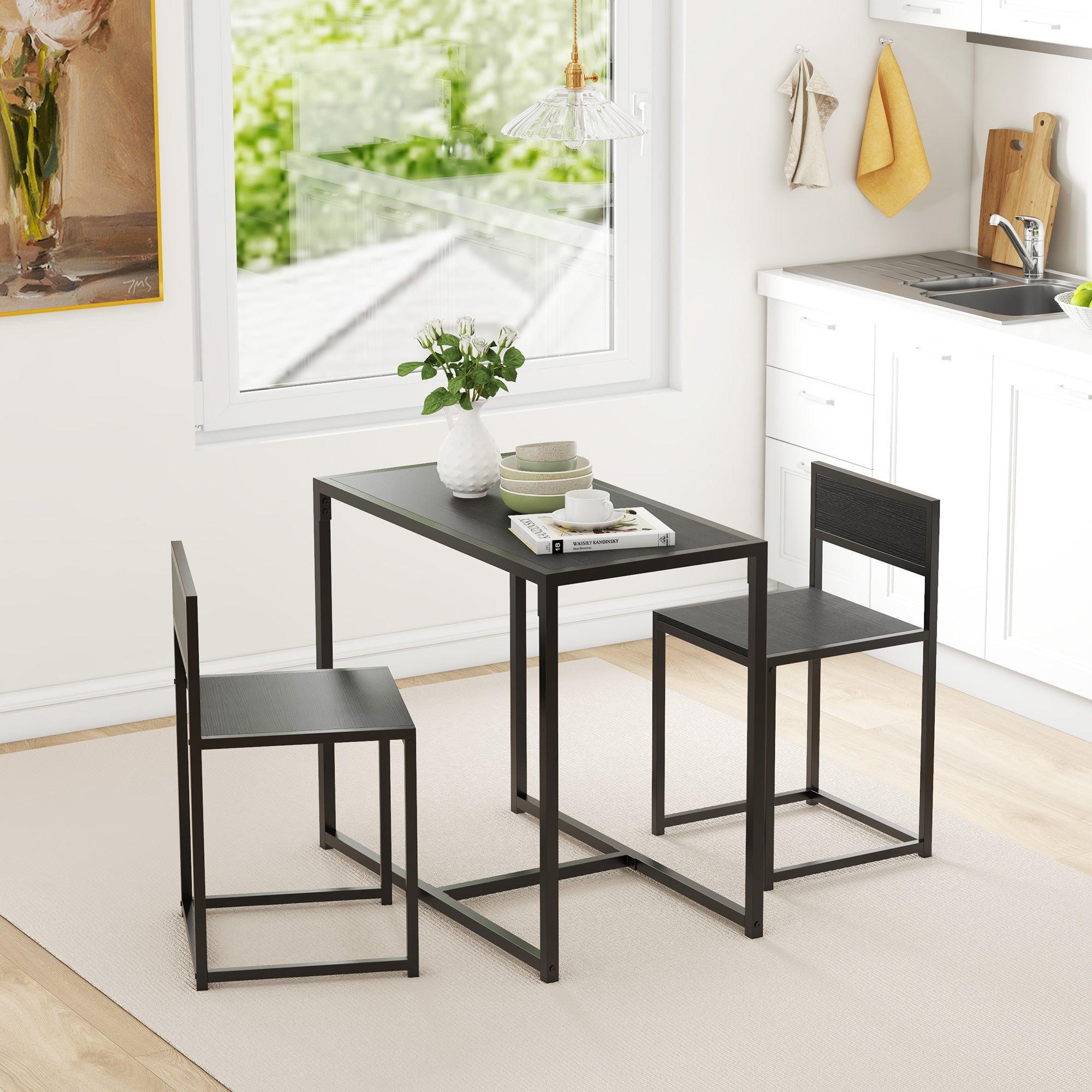 3-Piece Dining Room Set, Industrial Kitchen Rectangular Table & 2 Dining Chairs, Black