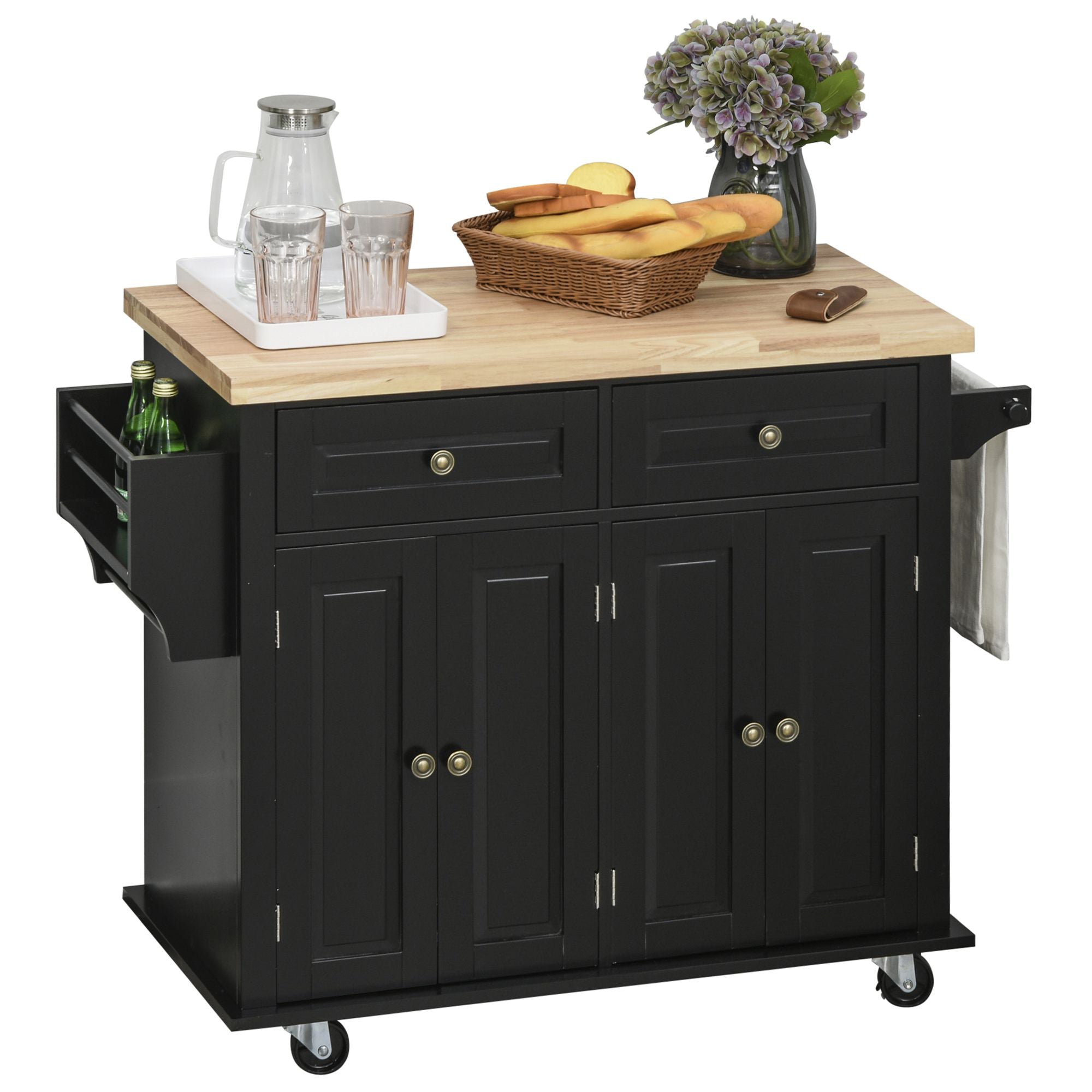 Kitchen Island on Wheels, Rolling Cart w/ Rubberwood Top, Spice Rack & Drawers, Black