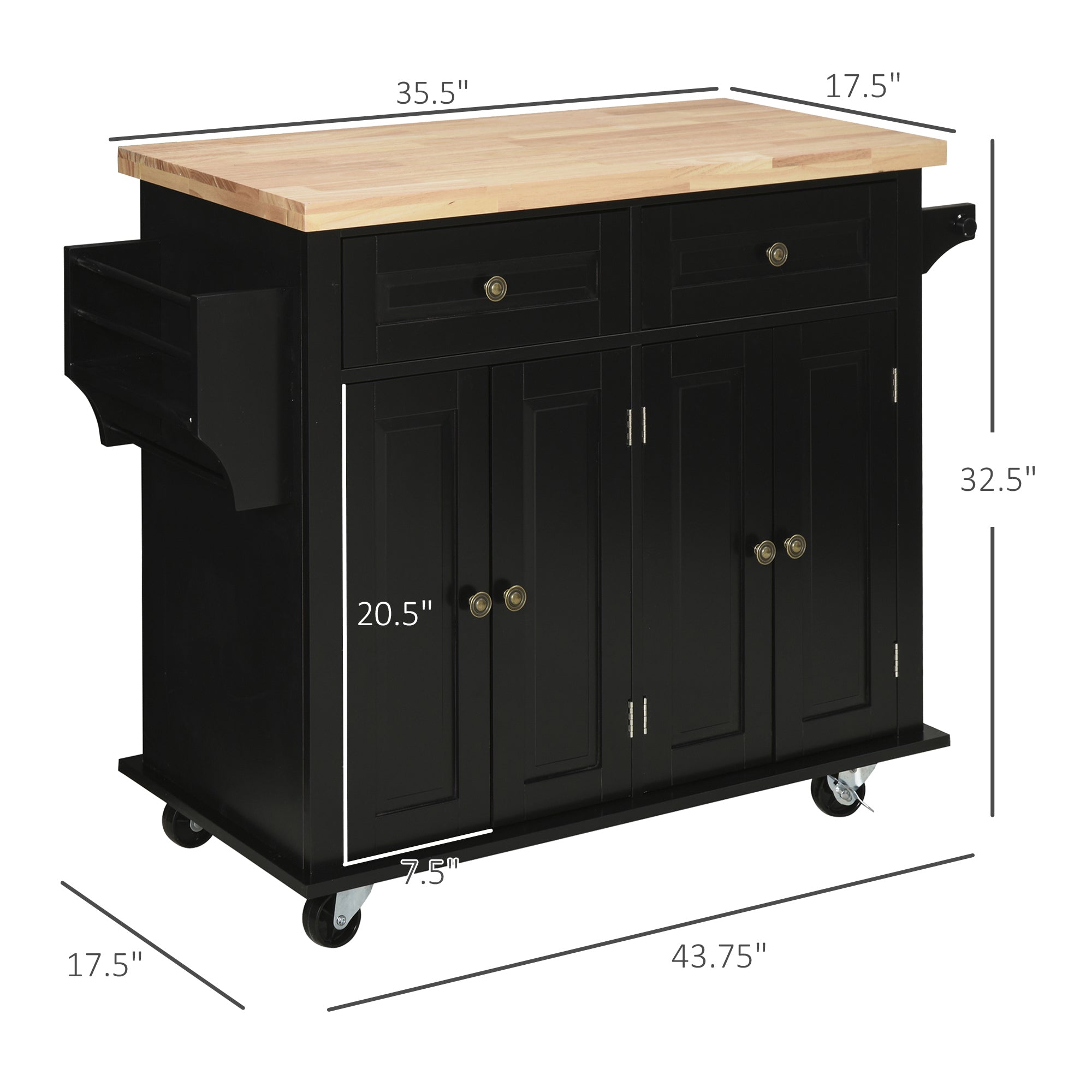 Kitchen Island on Wheels, Rolling Cart w/ Rubberwood Top, Spice Rack & Drawers, Black