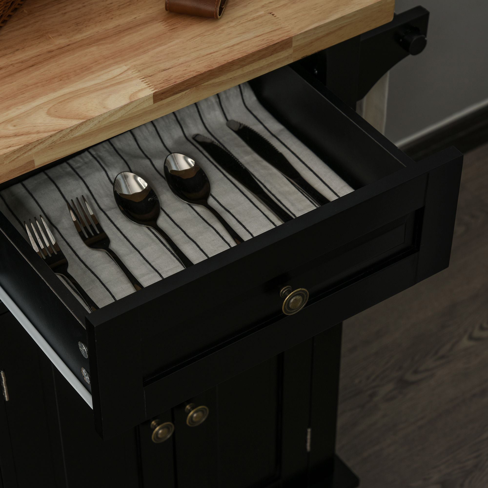 GlideSpace Kitchen Island on Wheels, Rolling Cart w/ Rubberwood Top, Spice Rack & Drawers, Black - HOMCOM