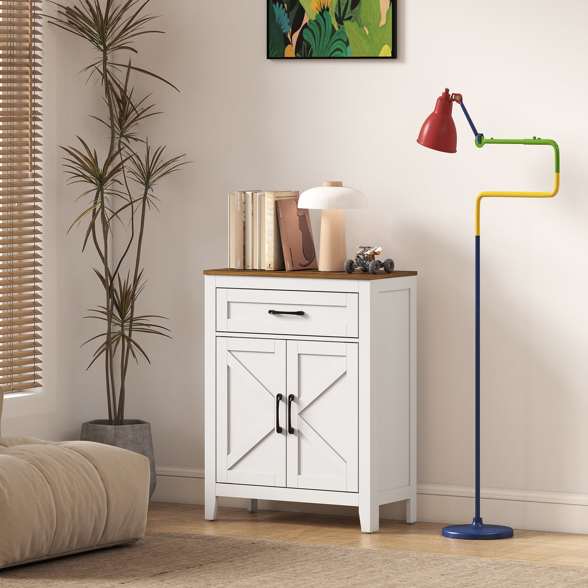 Bathroom Cabinet, Farmhouse Bathroom Storage Cabinet with Barn Doors, Drawer and Adjustable Shelf, White