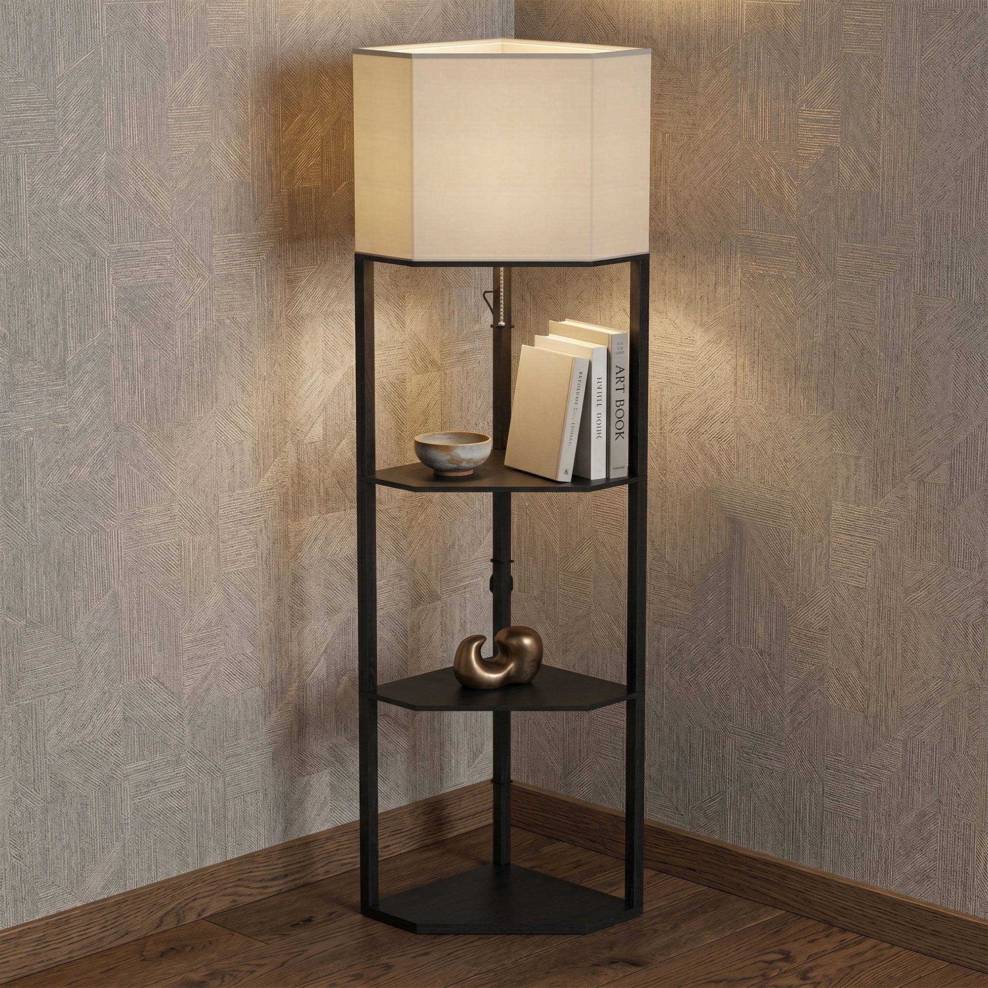 Corner Floor Lamp with Shelves and Lights, Modern Dimmable Standing Lamp with 3000K/4000K/6000K Colour Temperature, Chain Switch & Remote Control for Living Room, Bedroom, Black