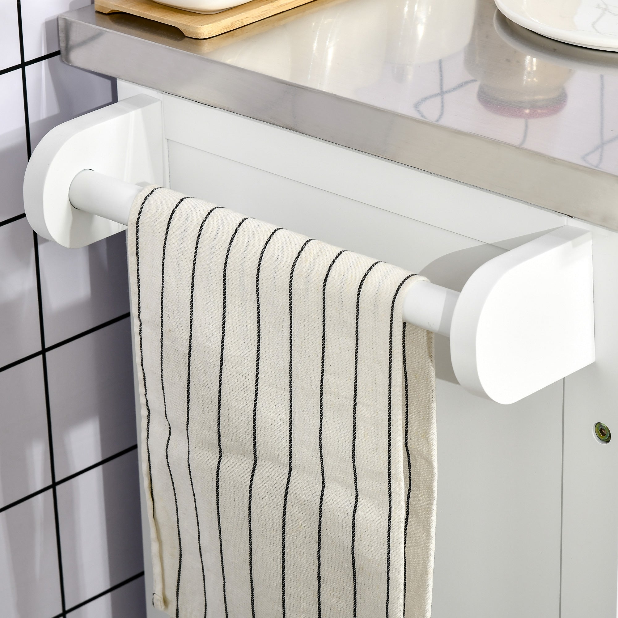 Wood Kitchen Island Cart Storage Box Cabinet Drawer Trolley w/ Stainless Steel