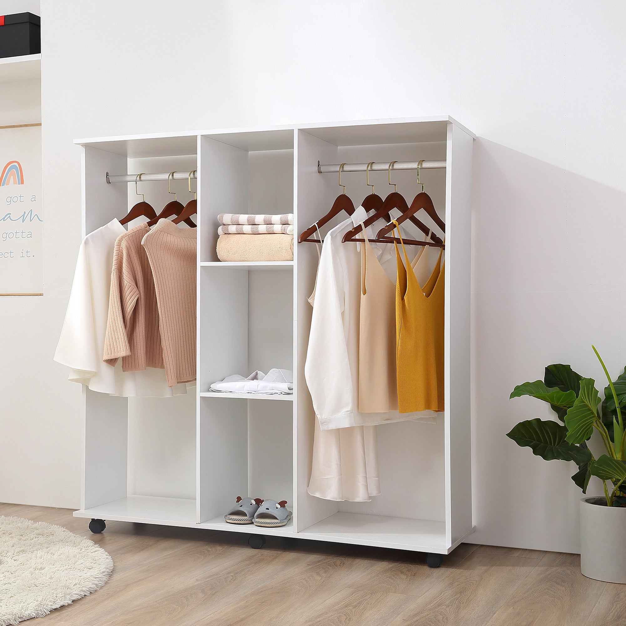 HOMCOM Double Open Wardrobe on Wheels, Bedroom Wardrobe with Clothes Hanging Rails, 3 Storage Shelves, Mobile Garment Rack for Cloakroom, Hallway, White