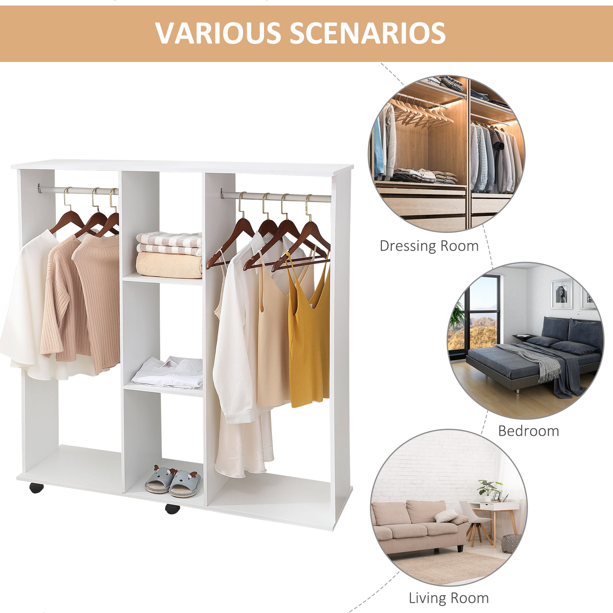 HOMCOM Double Open Wardrobe on Wheels, Bedroom Wardrobe with Clothes Hanging Rails, 3 Storage Shelves, Mobile Garment Rack for Cloakroom, Hallway, White