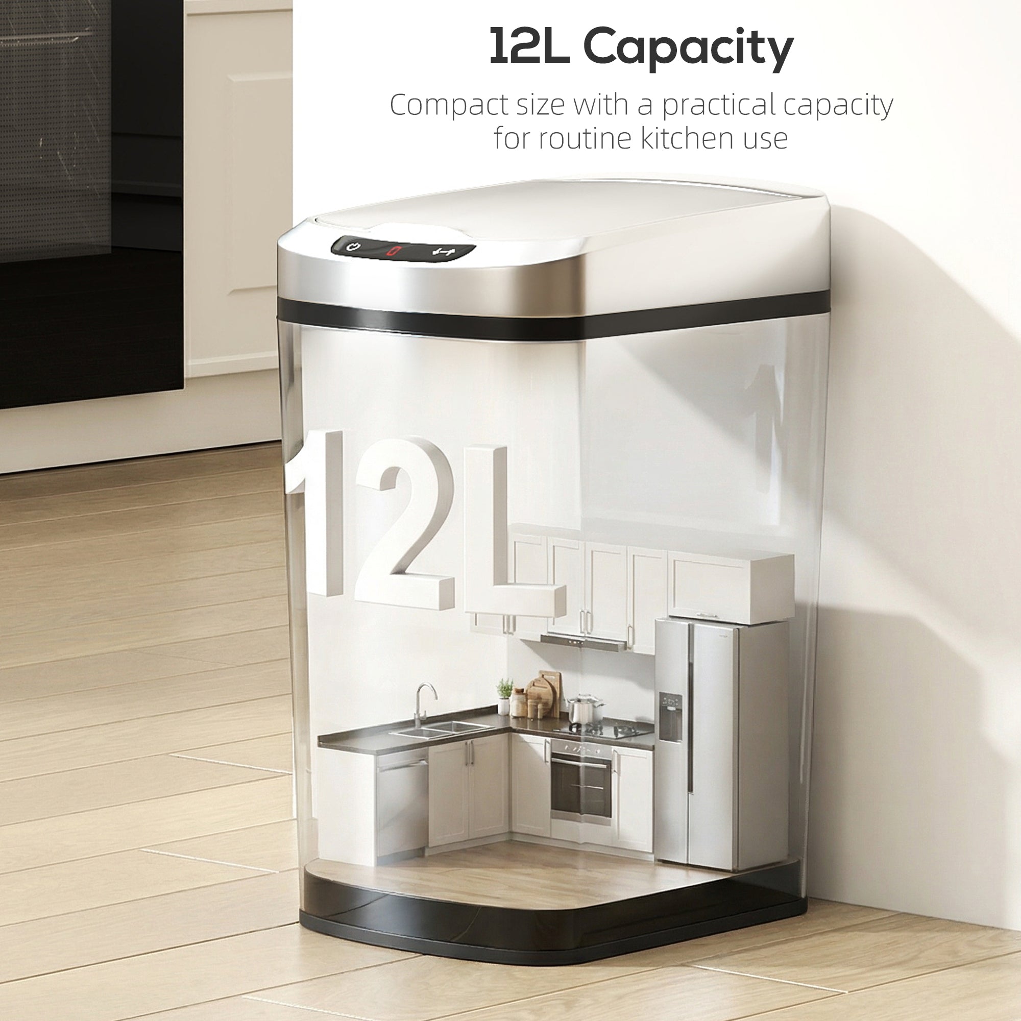 12L Sensor Bin, Automatic Touchless Motion Sensor Kitchen Bin, Compact Trash Can with Fingerprint Resistant Stainless Steel for Hygienic Gyms, Home Office Use, Silver Tone