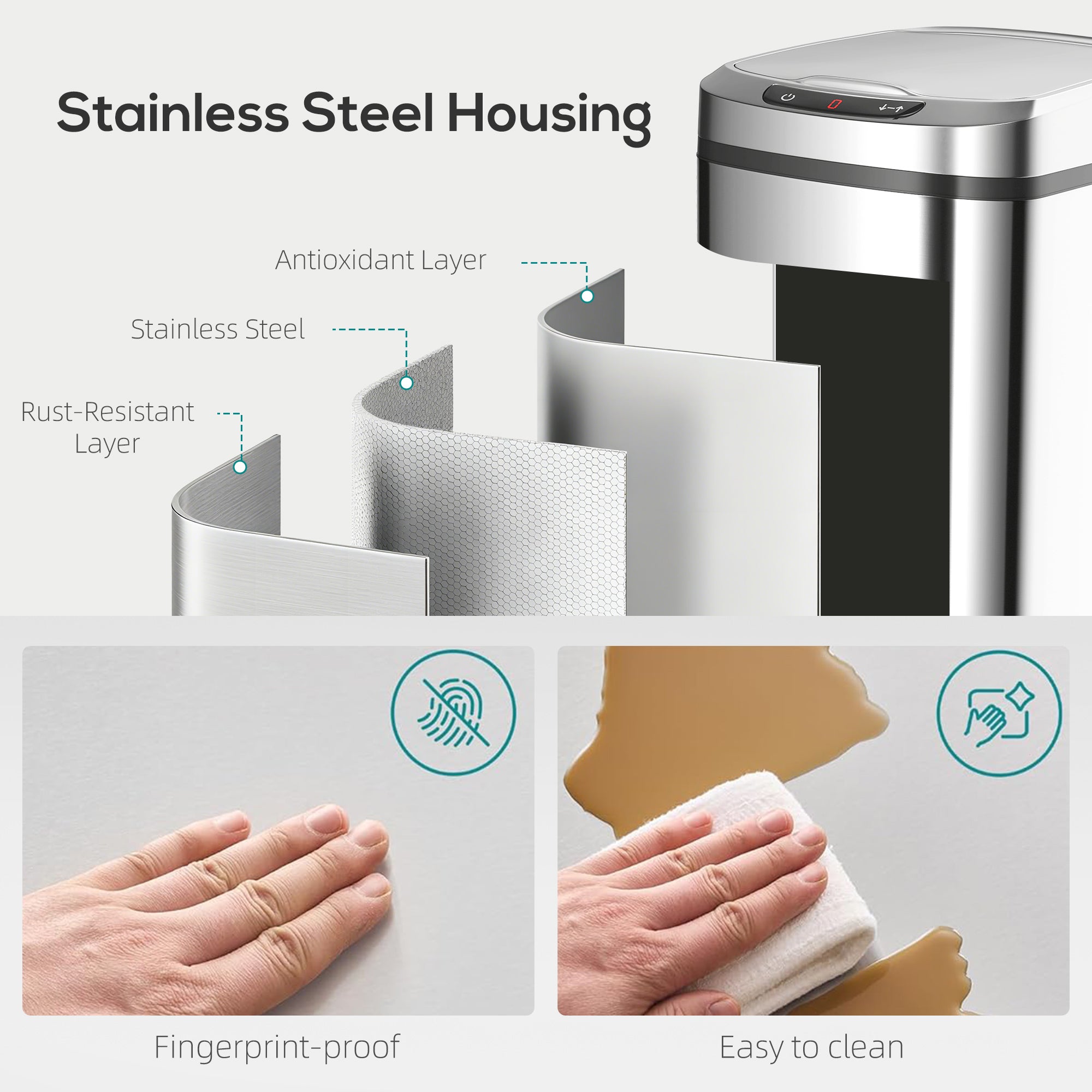 12L Sensor Bin, Automatic Touchless Motion Sensor Kitchen Bin, Compact Trash Can with Fingerprint Resistant Stainless Steel for Hygienic Gyms, Home Office Use, Silver Tone