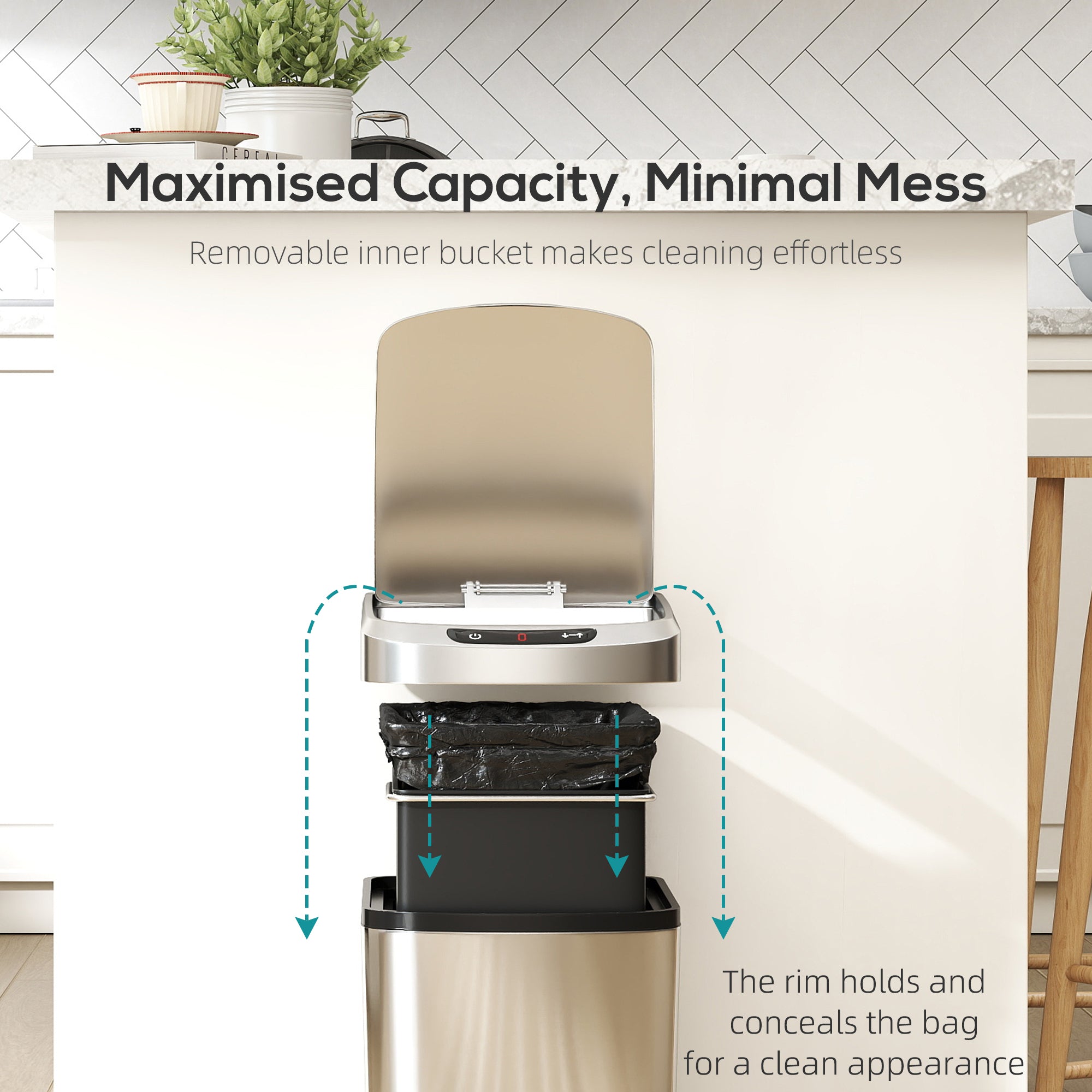 12L Sensor Bin, Automatic Touchless Motion Sensor Kitchen Bin, Compact Trash Can with Fingerprint Resistant Stainless Steel for Hygienic Gyms, Home Office Use, Silver Tone