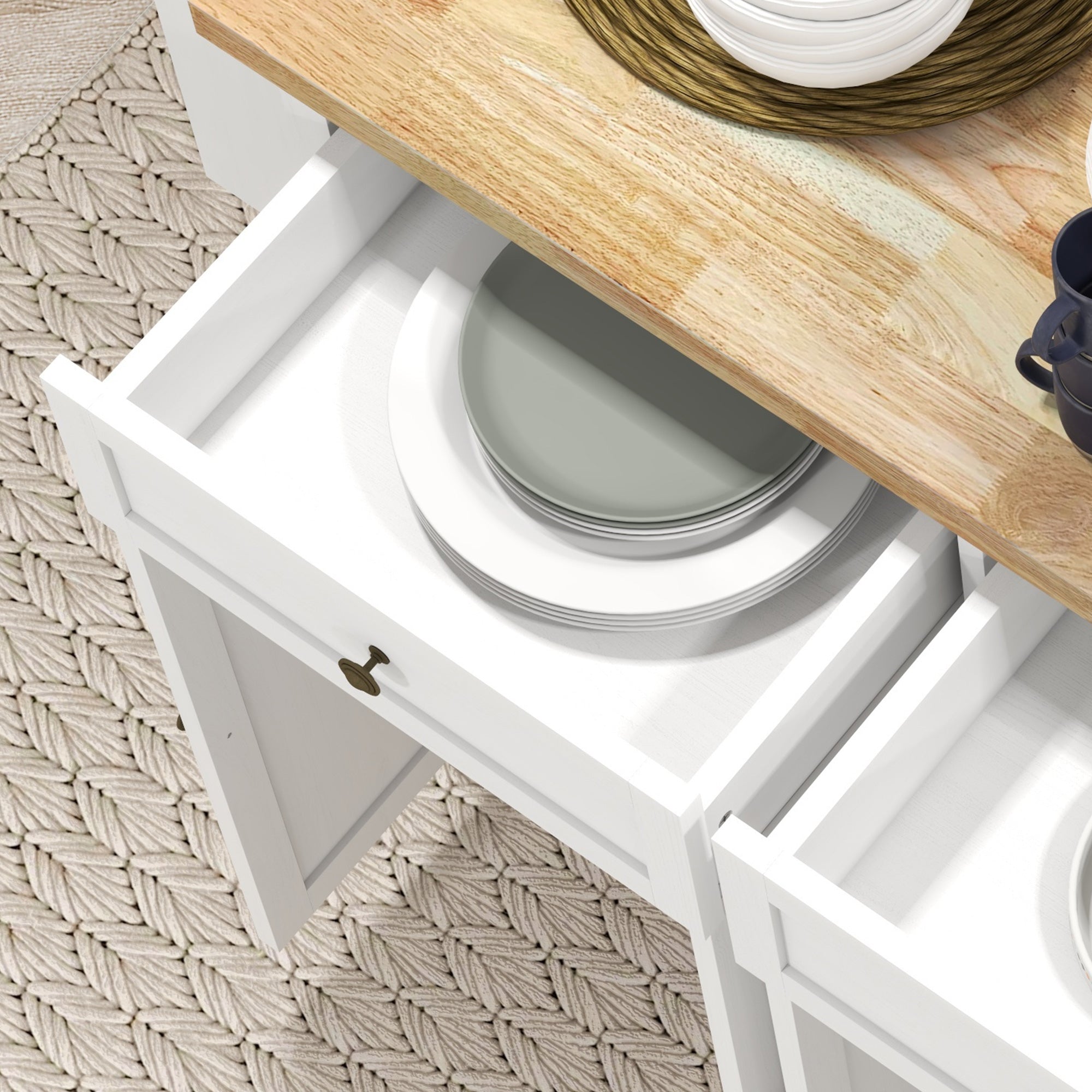 Modern Rolling Kitchen Island Cart with Spice Rack Distressed White