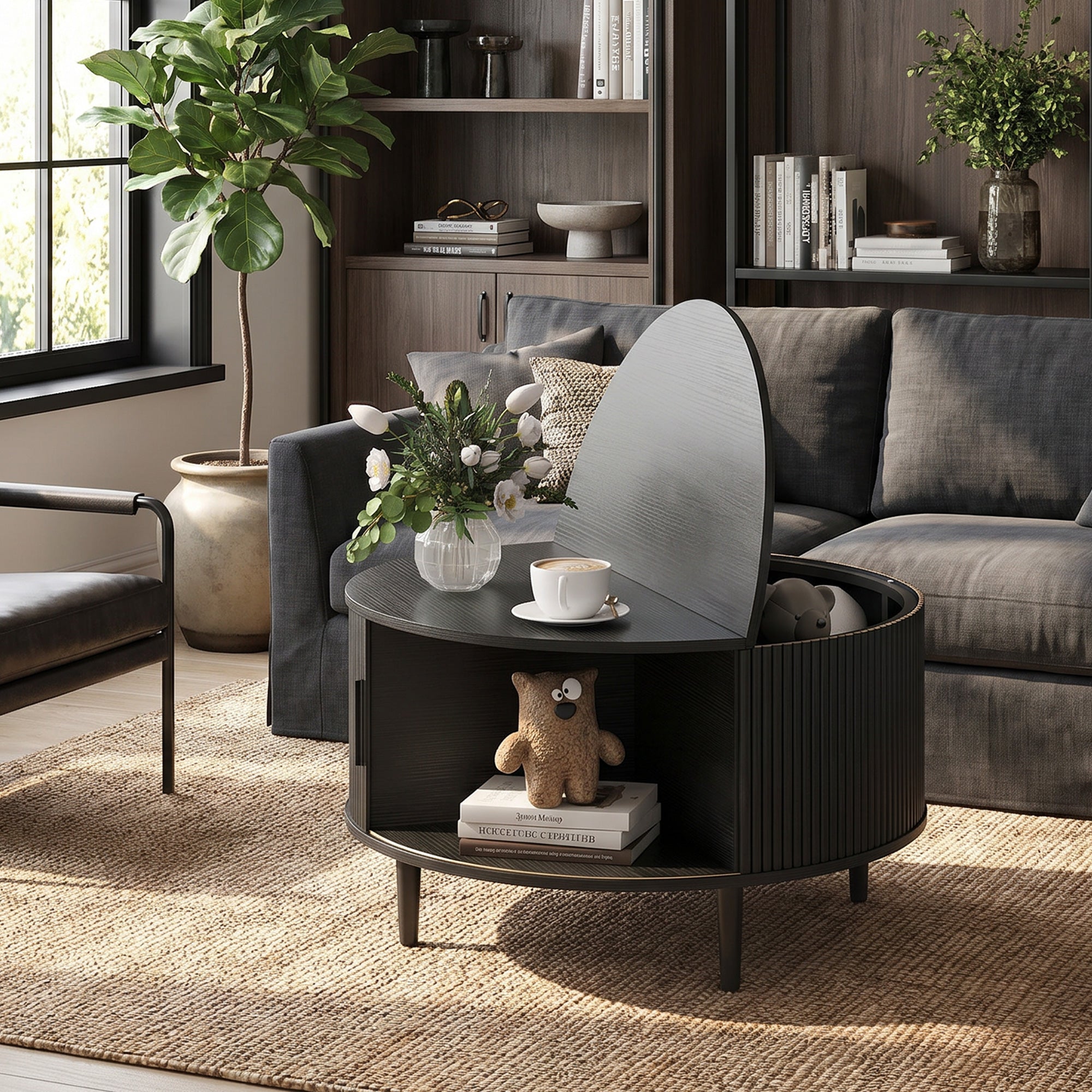 Round Coffee Table with Storage, 80 cm Modern Centre Table with Fluted Sliding Cabinet Door and Lift Top, Wood Circle Drum Table for Living Room, Black Wood Effect