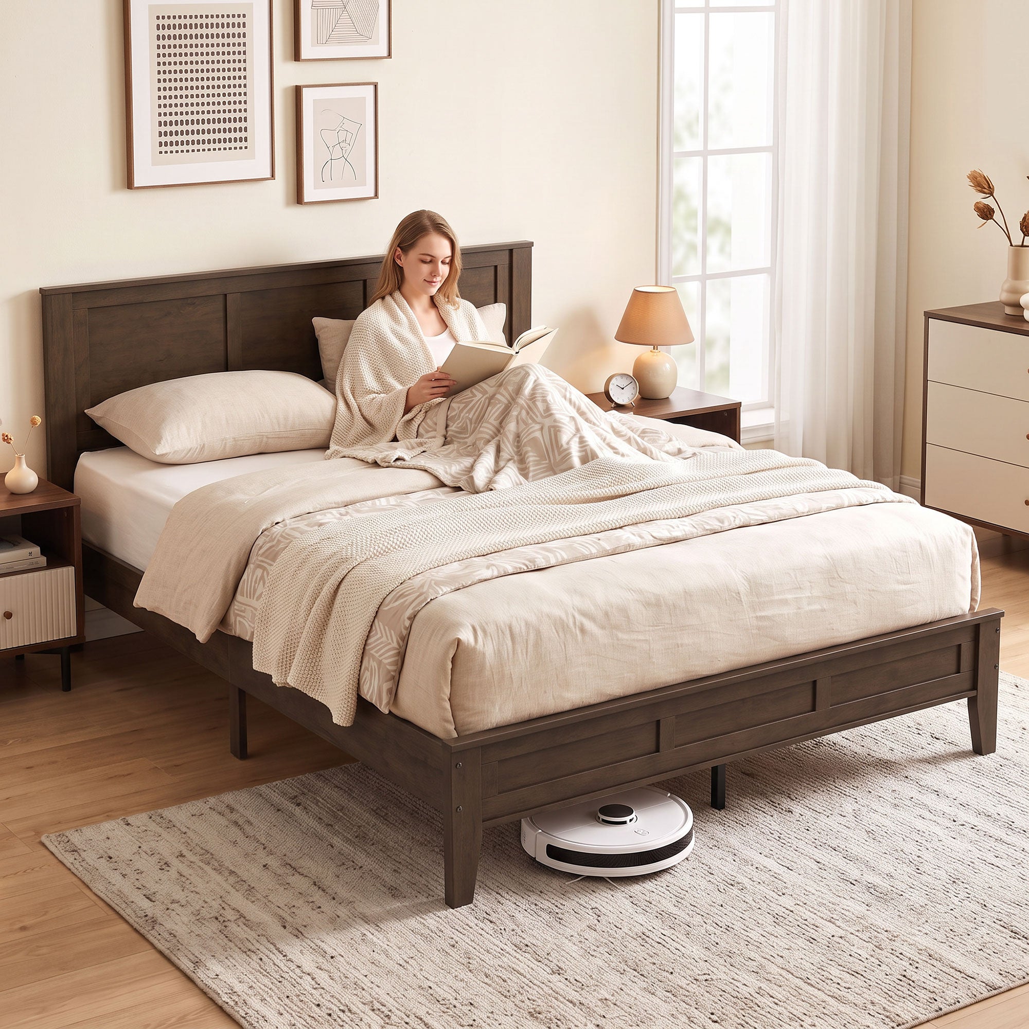 Queen Size Wood Platform Bed Frame with Headboard and Footboard, Mid-Century Bed Frame with Slat Support, Mattress Foundation with Under-Bed Storage, No Box Spring Needed, Easy Assembly, Walnut