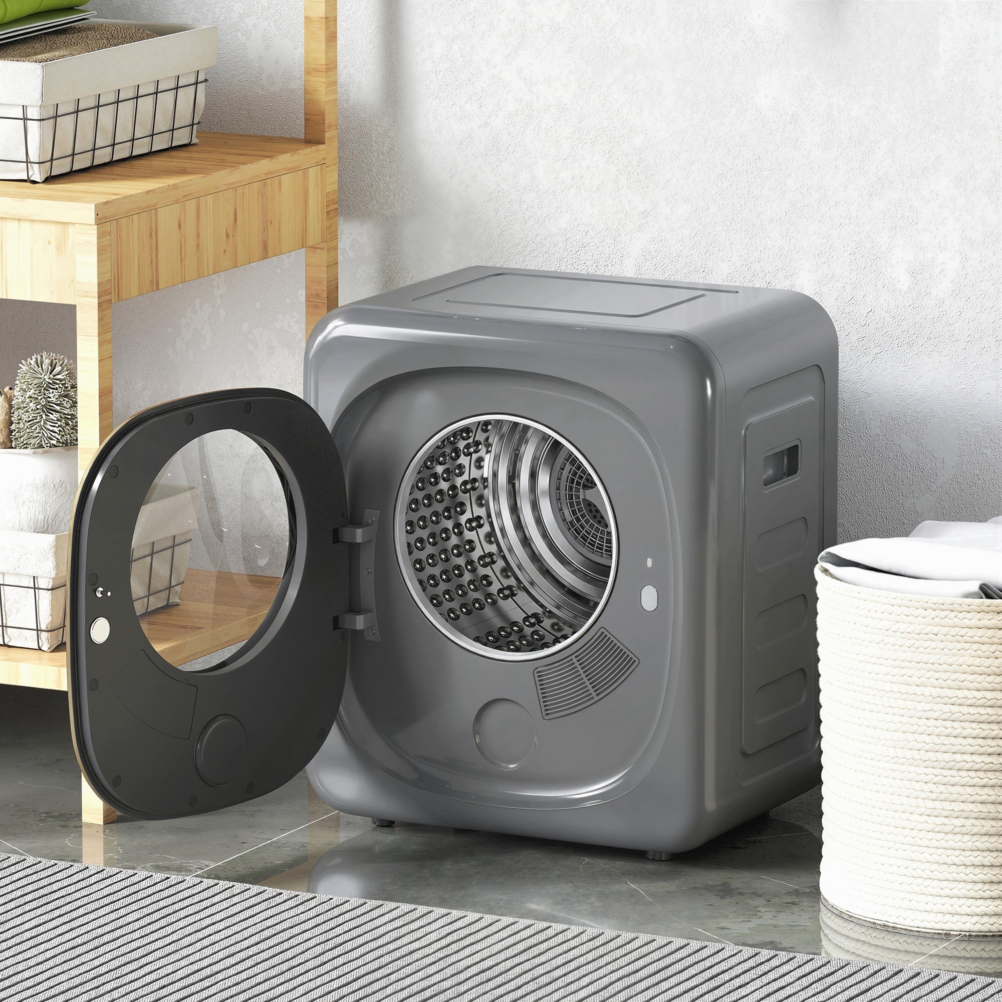 4kg Vented Tumble Dryer, 800W Compact Freestanding Front Tumble Dryer with 5 Drying Mode, Smart Sensor, Timer and Stainless Steel Tub, Wall-Mounted Portable Small Clothes Drying Machine, Grey