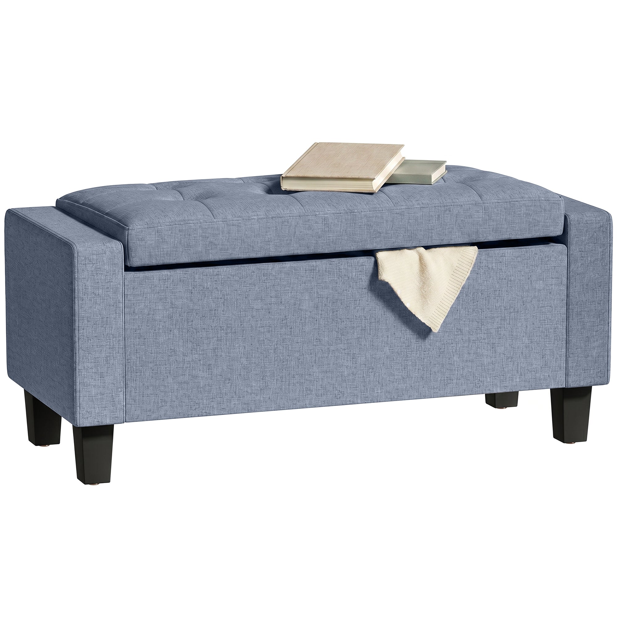 36.6" Tufted Fabric Rectangular Storage Ottoman, Sitting Bench with Armrests and Wooden Legs, Holds up to 528 lbs, for Entryway, Living Room, Bedroom, Dark Gray
