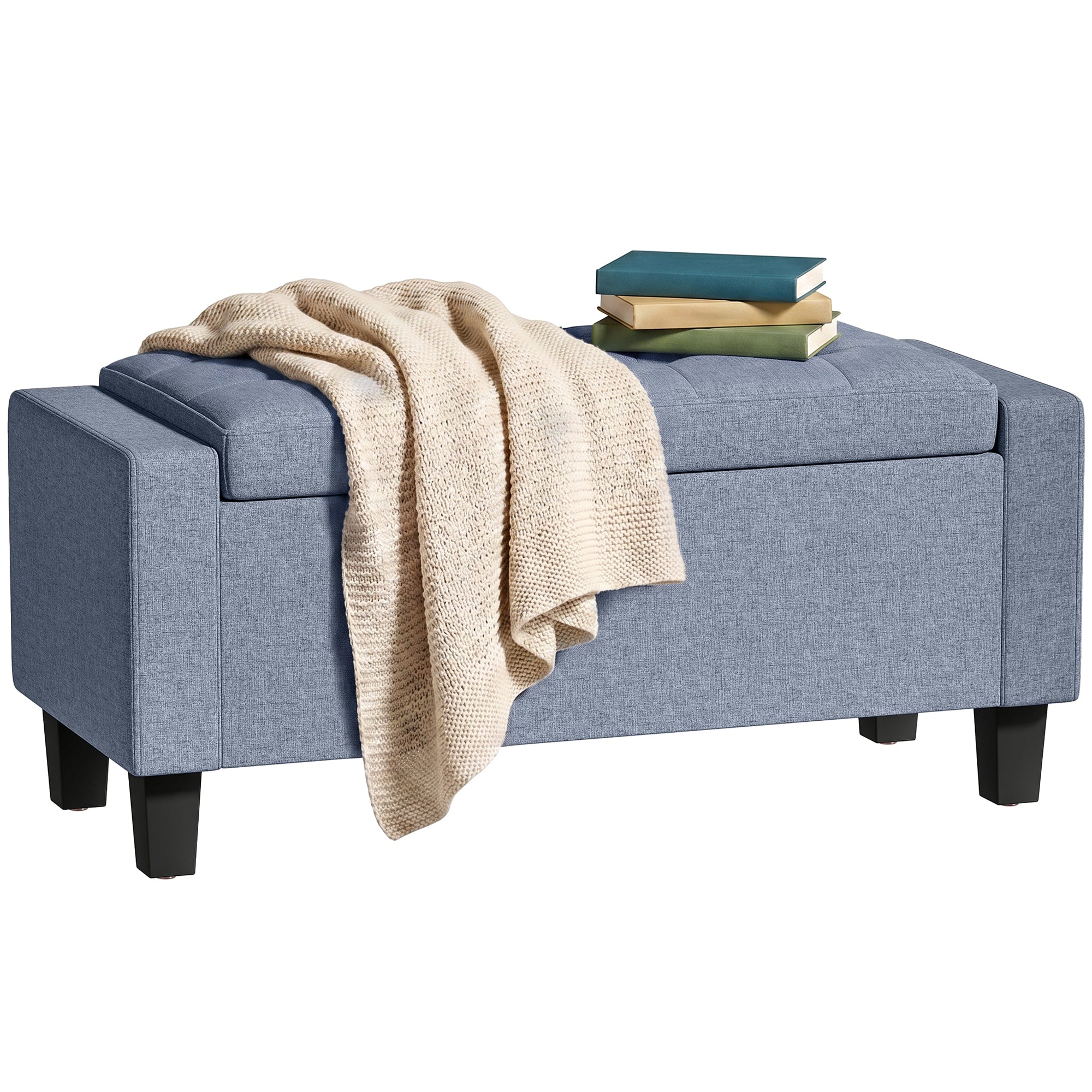 36.6" Tufted Fabric Rectangular Storage Ottoman, Sitting Bench with Armrests and Wooden Legs, Holds up to 528 lbs, for Entryway, Living Room, Bedroom, Dark Gray