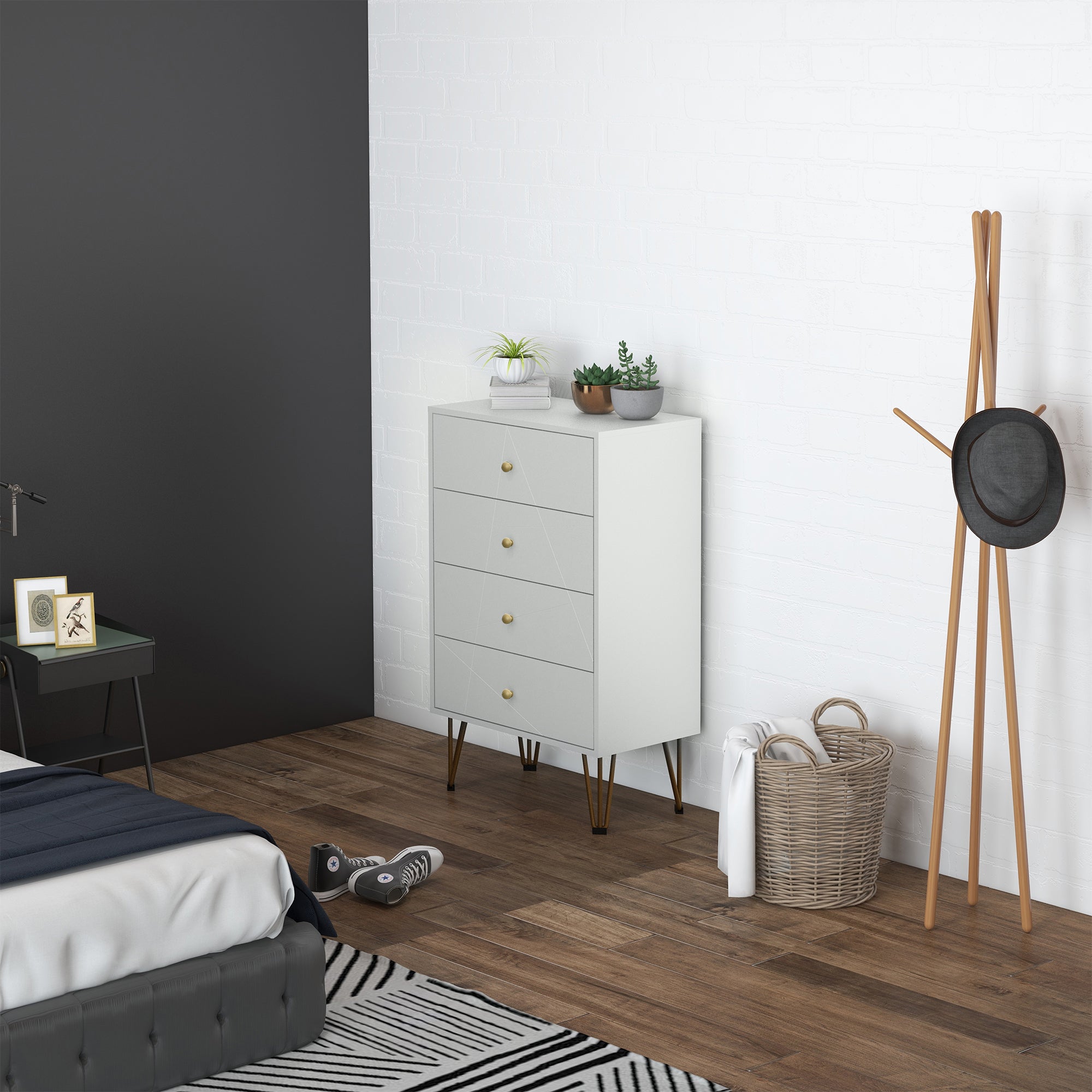 HOMCOM Bedroom Chest of Drawers, Tallboy 4-Drawer Dresser, Modern Storage Drawer Unit with Hairpin Legs, White