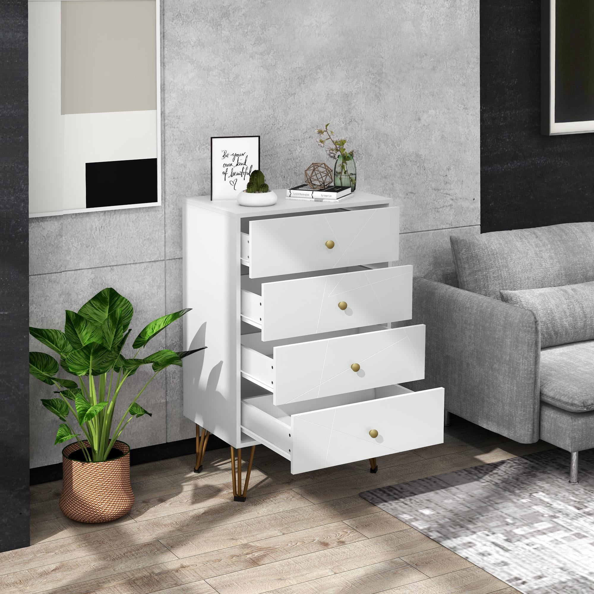 HOMCOM Bedroom Chest of Drawers, Tallboy 4-Drawer Dresser, Modern Storage Drawer Unit with Hairpin Legs, White