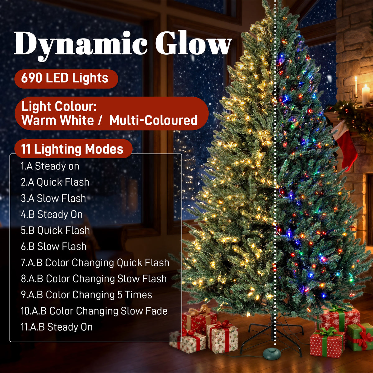 7.5ft Prelit Christmas Tree, Wide Colorado Blue Spruce, Easy Plug, Artificial Hinged Xmas Tree with 690 Warm White & Multi-Colour LED Lights, 2626 Tips for Holiday, Green