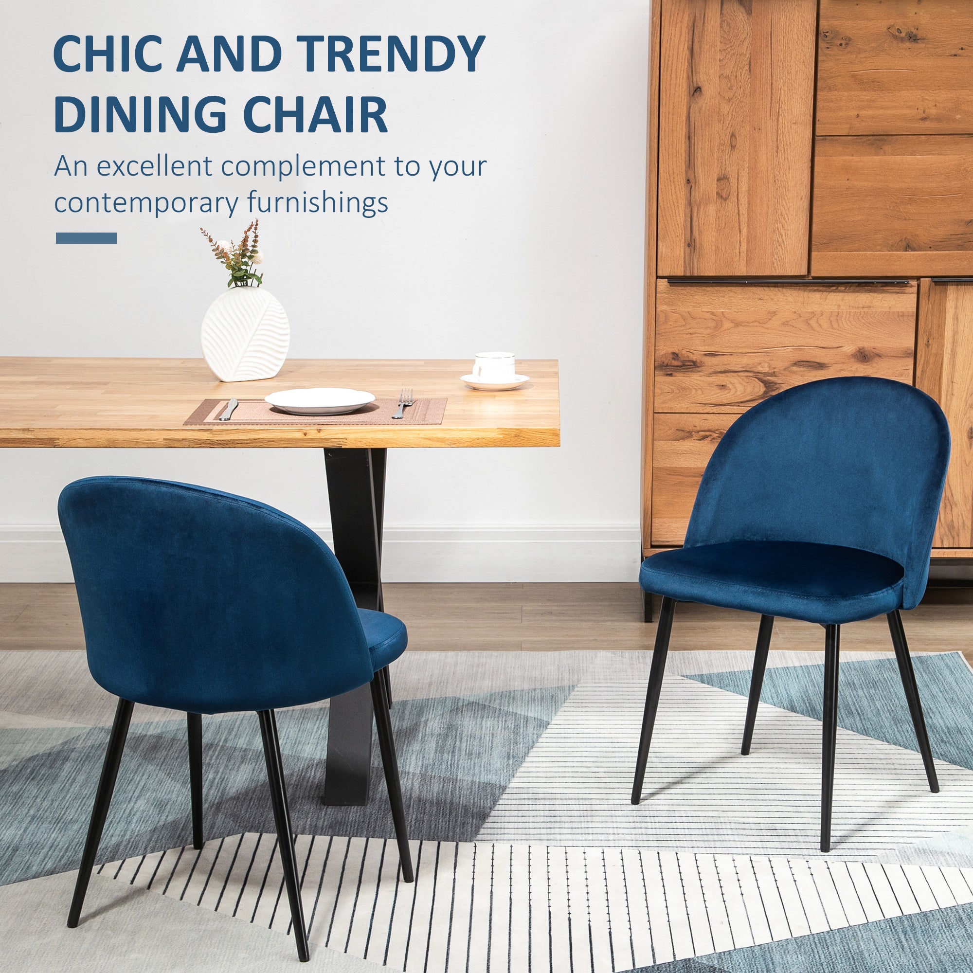 HOMCOM Modern Dining Chairs Set of 2, Mid-Back Velvet Upholstered Kitchen Chairs, Side Chair for Living Room, Dining Room, Dark Blue