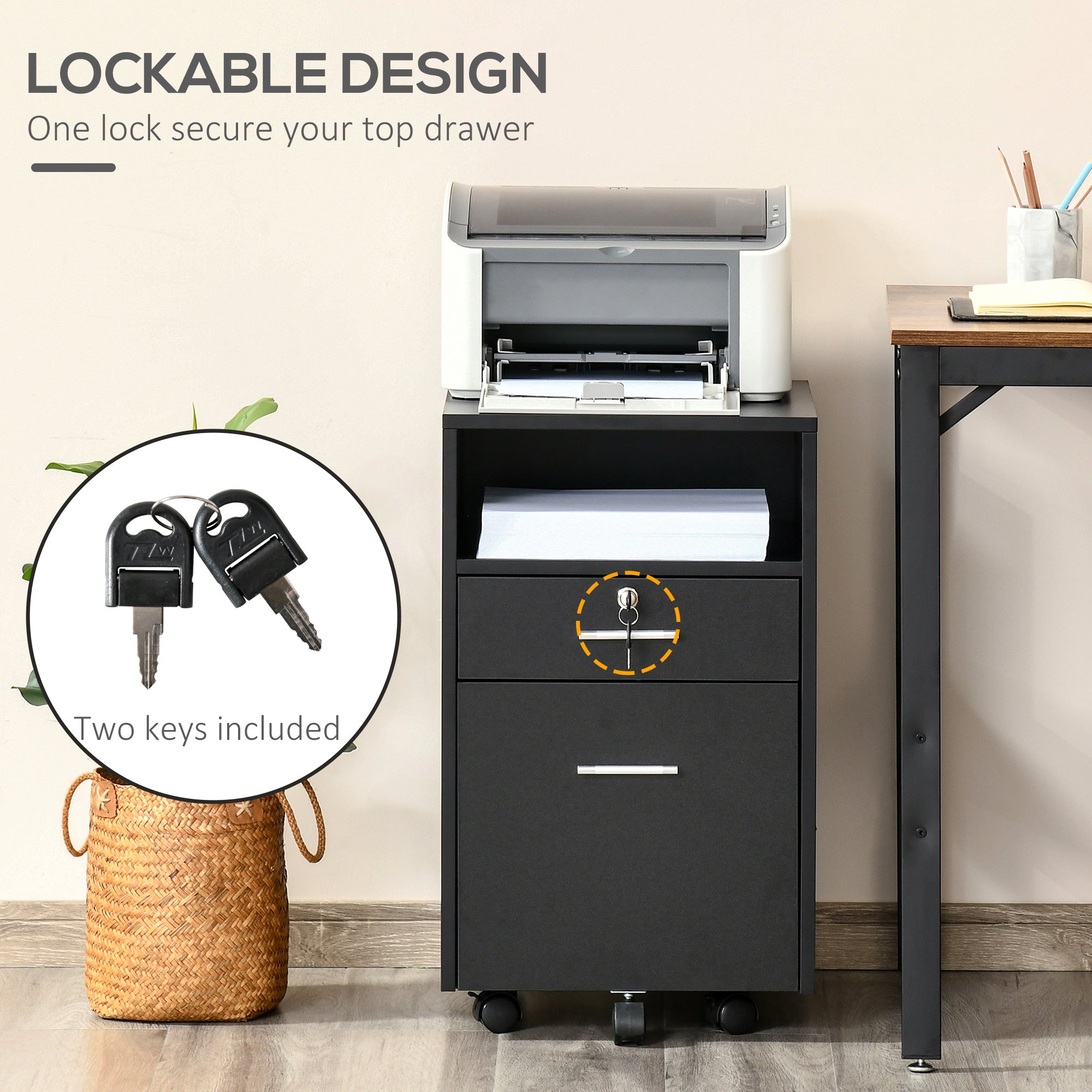 Vinsetto Mobile File Cabinet Lockable Storage Unit Cupboard for A4 Letter Home Filing Furniture for Office, Bedroom and Living Room, 39x40x65cm, Black