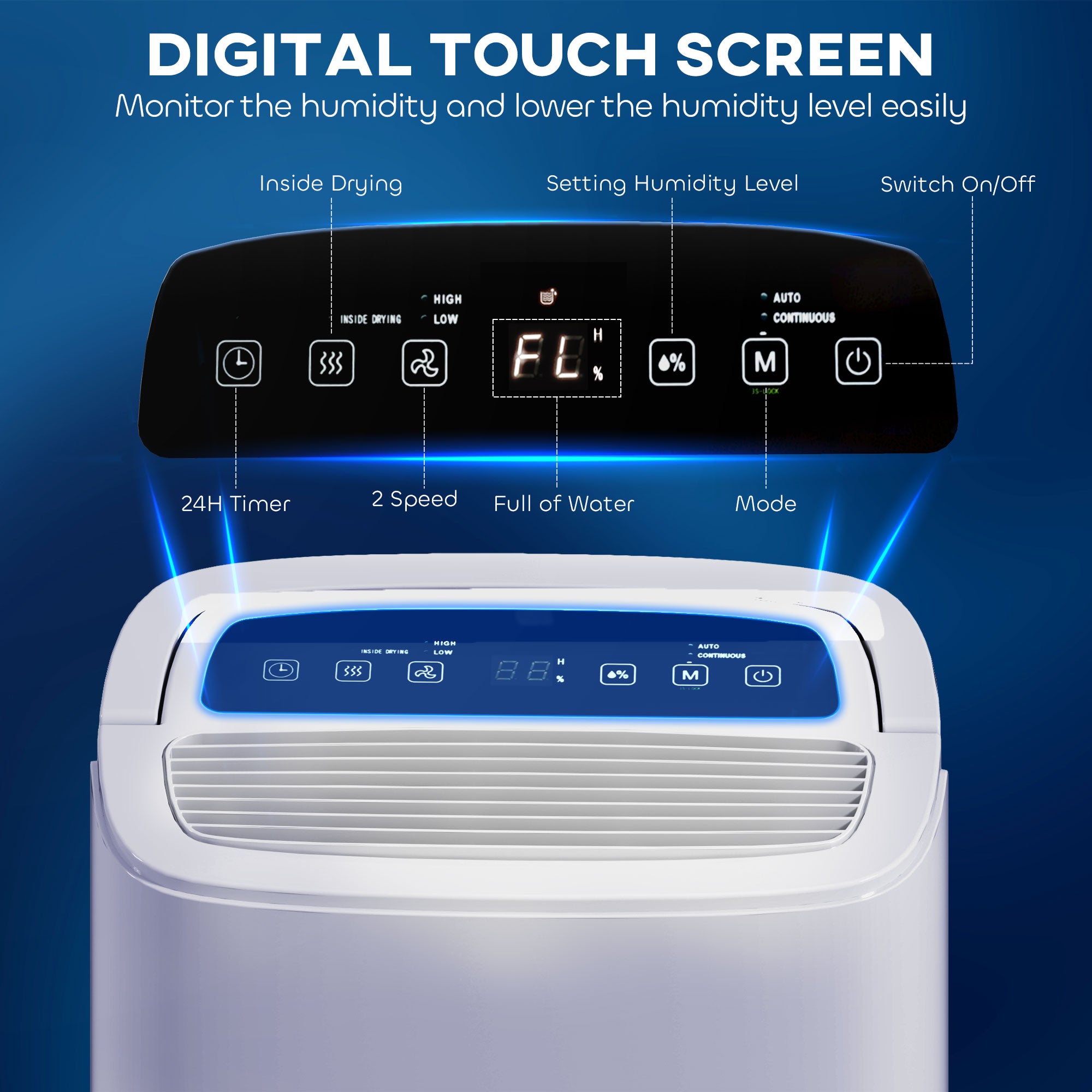 HOMCOM 20L/Day Dehumidifier with Continuous Drainage, 5L Water Tank, 24H Timer, Digital Humidity Display, Humidity Light, Dehumidifier for Home Damp, Bedroom, Condensation, Mould, Laundry Drying