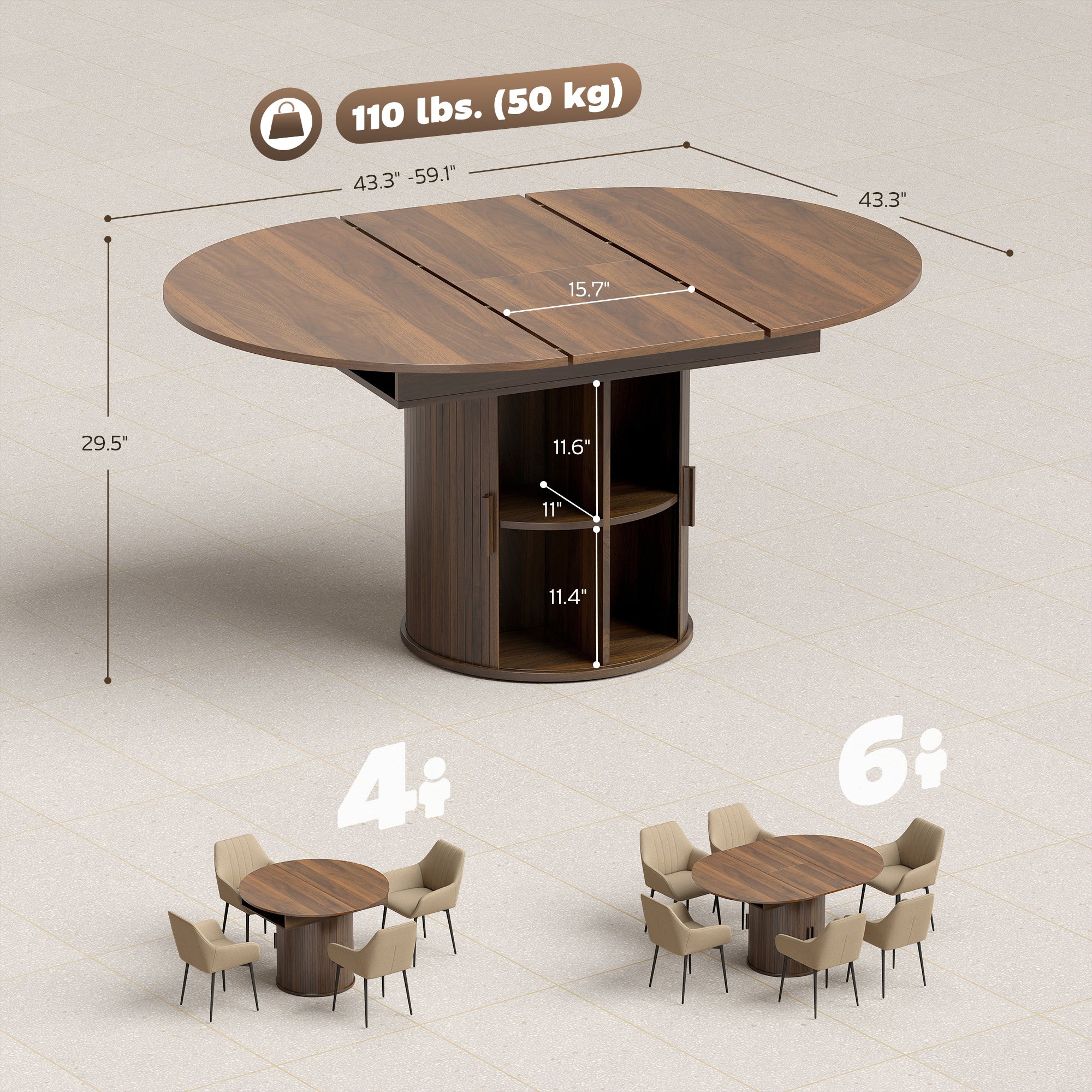Extendable Dining Table for 6, 60 Inch Farmhouse Oval Kitchen Table with 2-Tier Storage Shelf and Fluted Sliding Doors for Dining Room Living Room, Walnut