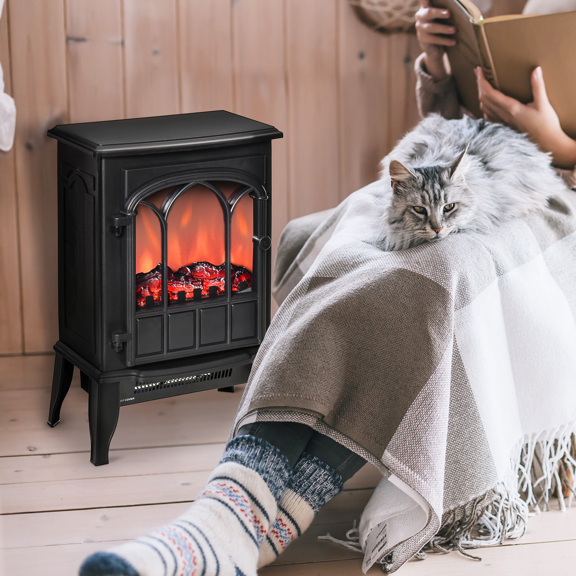 Electric Fireplace Heater, Freestanding Fireplace Stove with Realistic Flame, Adjustable brightness, Overheating Safety System, 750W/1500W Black