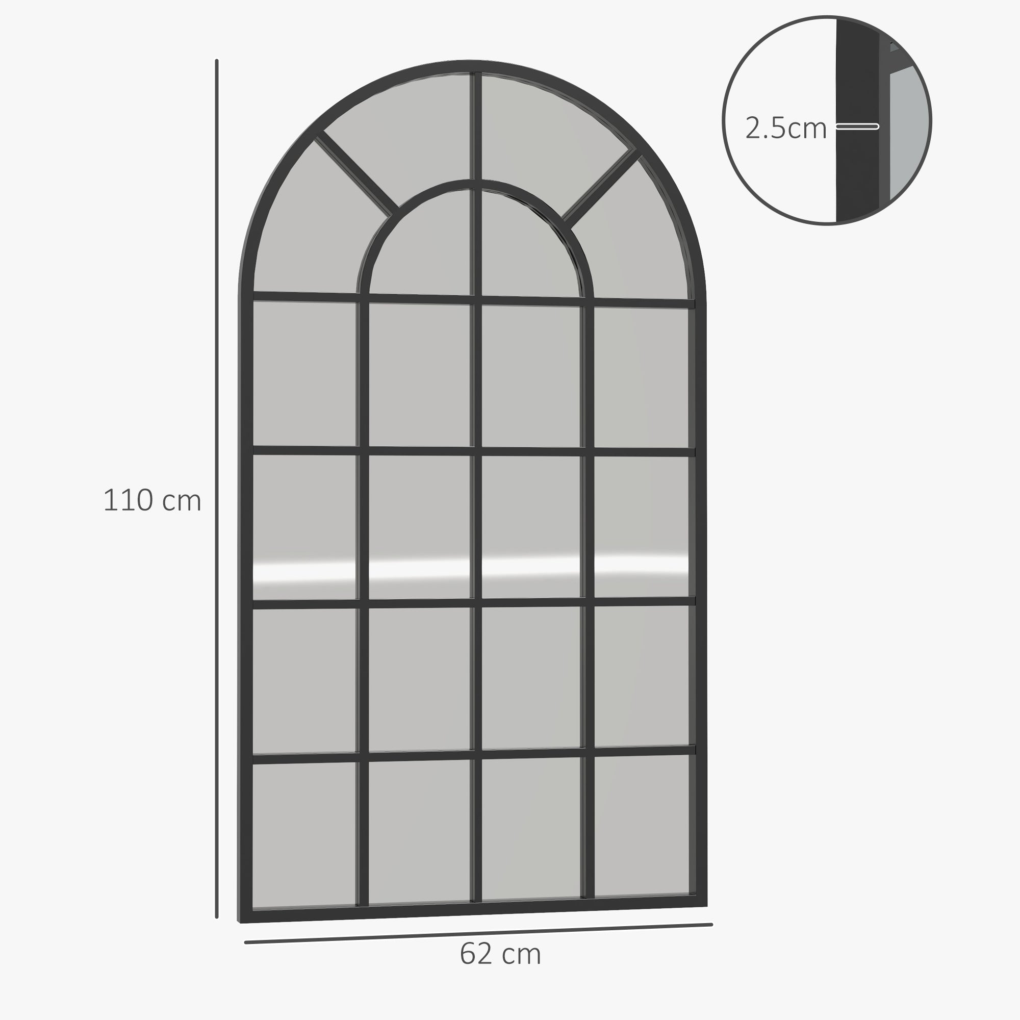 HOMCOM Modern Arched Wall Mirror, 110 x 62 cm Window Mirror for Living Room, Bedroom, Hallway, Black