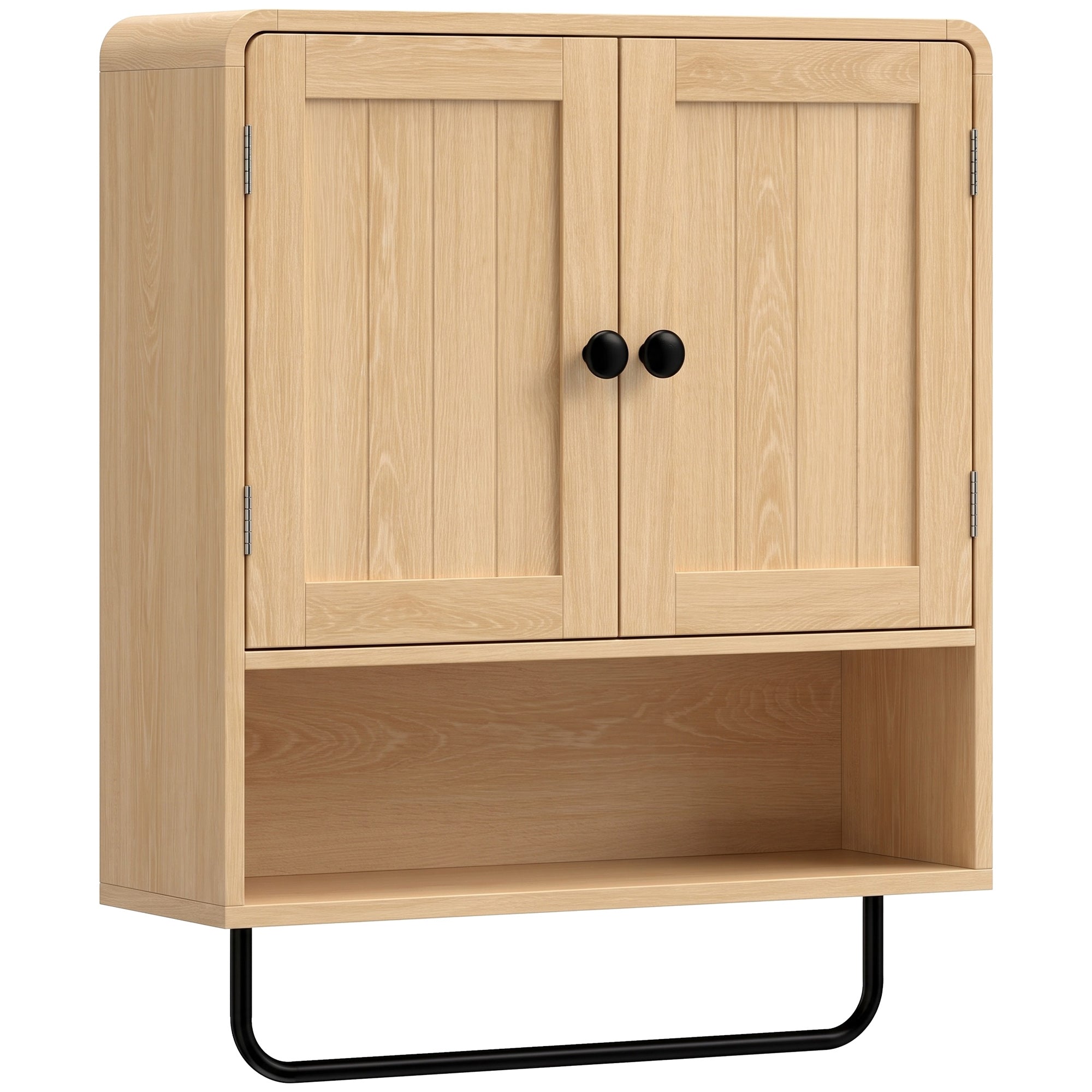 Bathroom Wall Cabinet, Wall Mounted Bathroom Cabinet with 2 Doors, Open Shelf, Towel Bar and Adjustable Shelf Storage for Toilet, Laundry, Oak