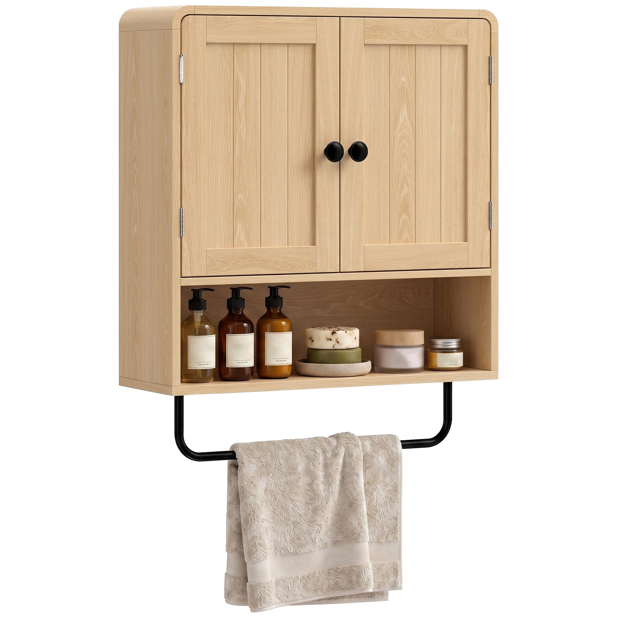 Bathroom Wall Cabinet, Wall Mounted Bathroom Cabinet with 2 Doors, Open Shelf, Towel Bar and Adjustable Shelf Storage for Toilet, Laundry, Oak