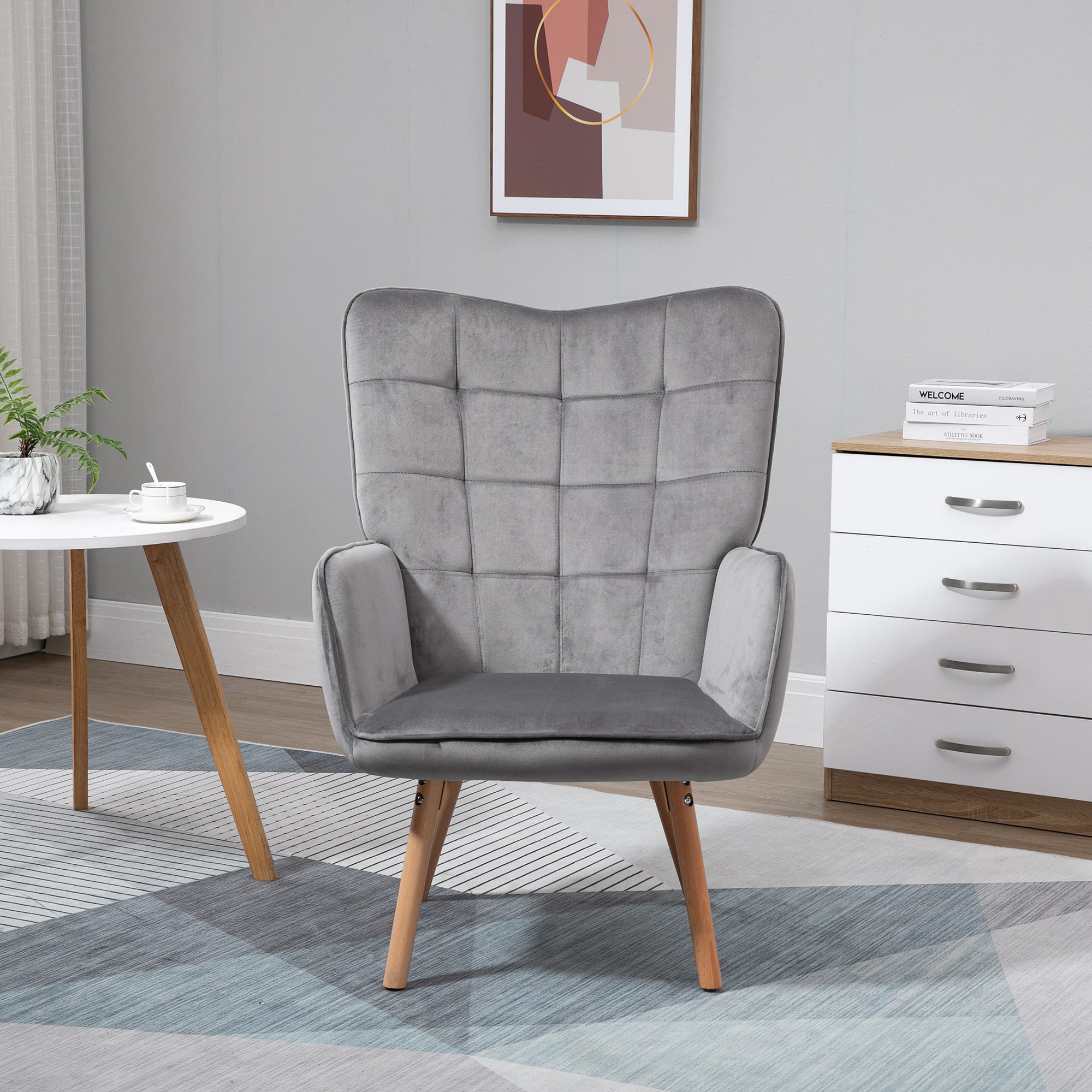 HOMCOM Modern Accent Chair, Upholstered Tufted Wingback Armchair with Seat Padding, Leisure Lounge Bedroom Chair with Wood Legs, Grey