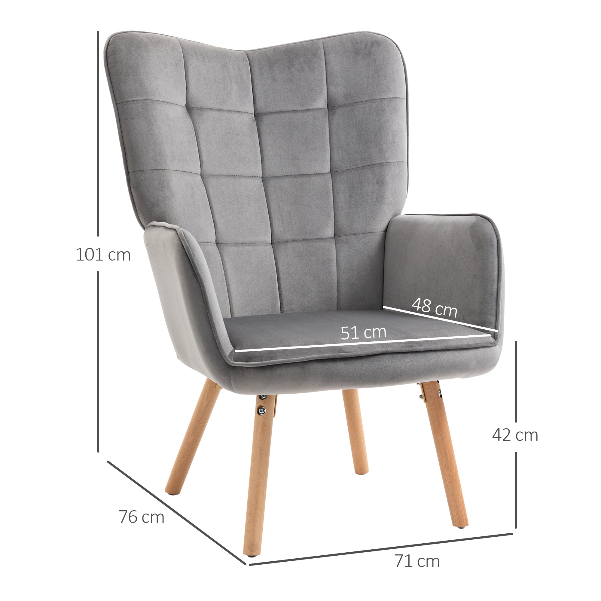 HOMCOM Modern Accent Chair, Upholstered Tufted Wingback Armchair with Seat Padding, Leisure Lounge Bedroom Chair with Wood Legs, Grey