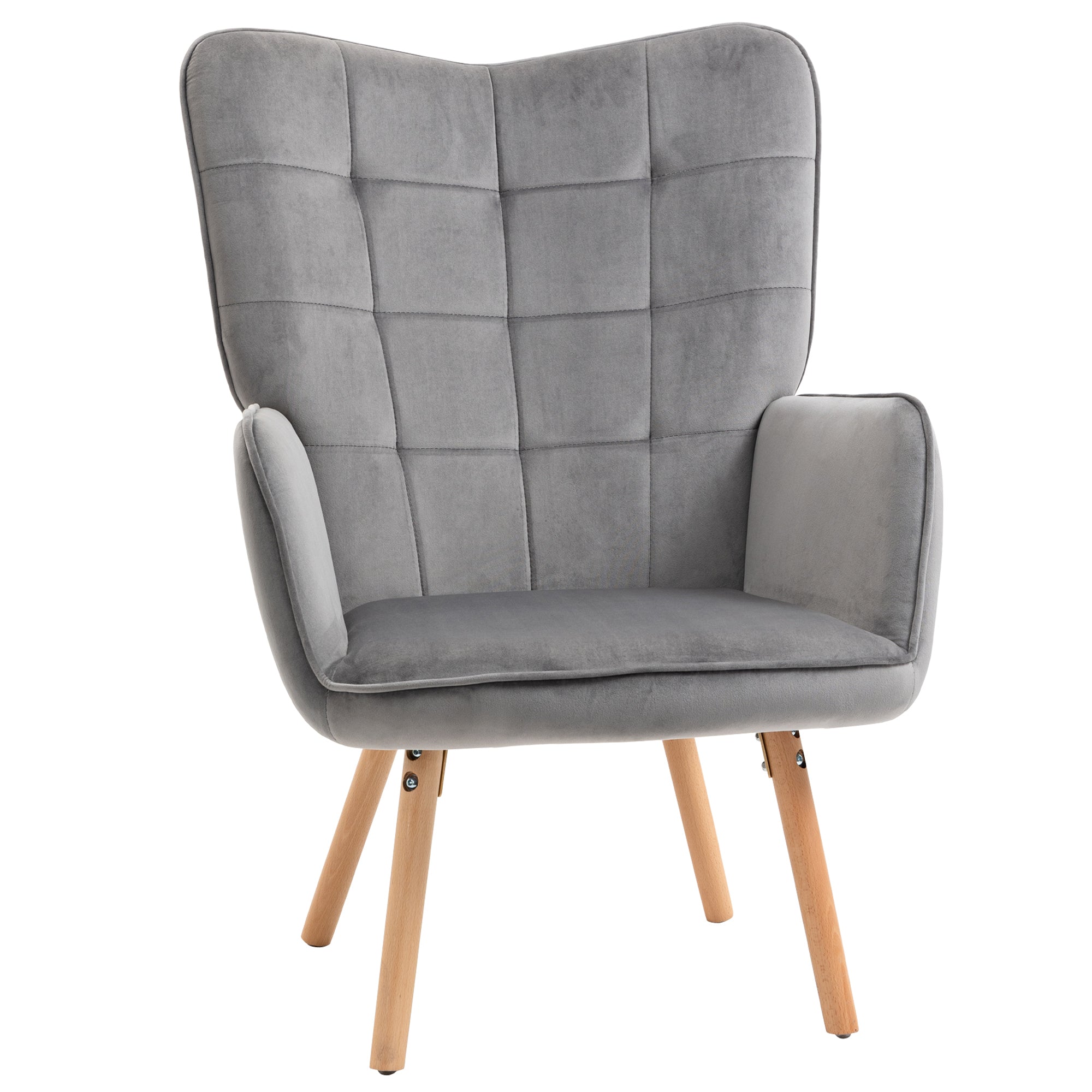HOMCOM Modern Accent Chair, Upholstered Tufted Wingback Armchair with Seat Padding, Leisure Lounge Bedroom Chair with Wood Legs, Grey