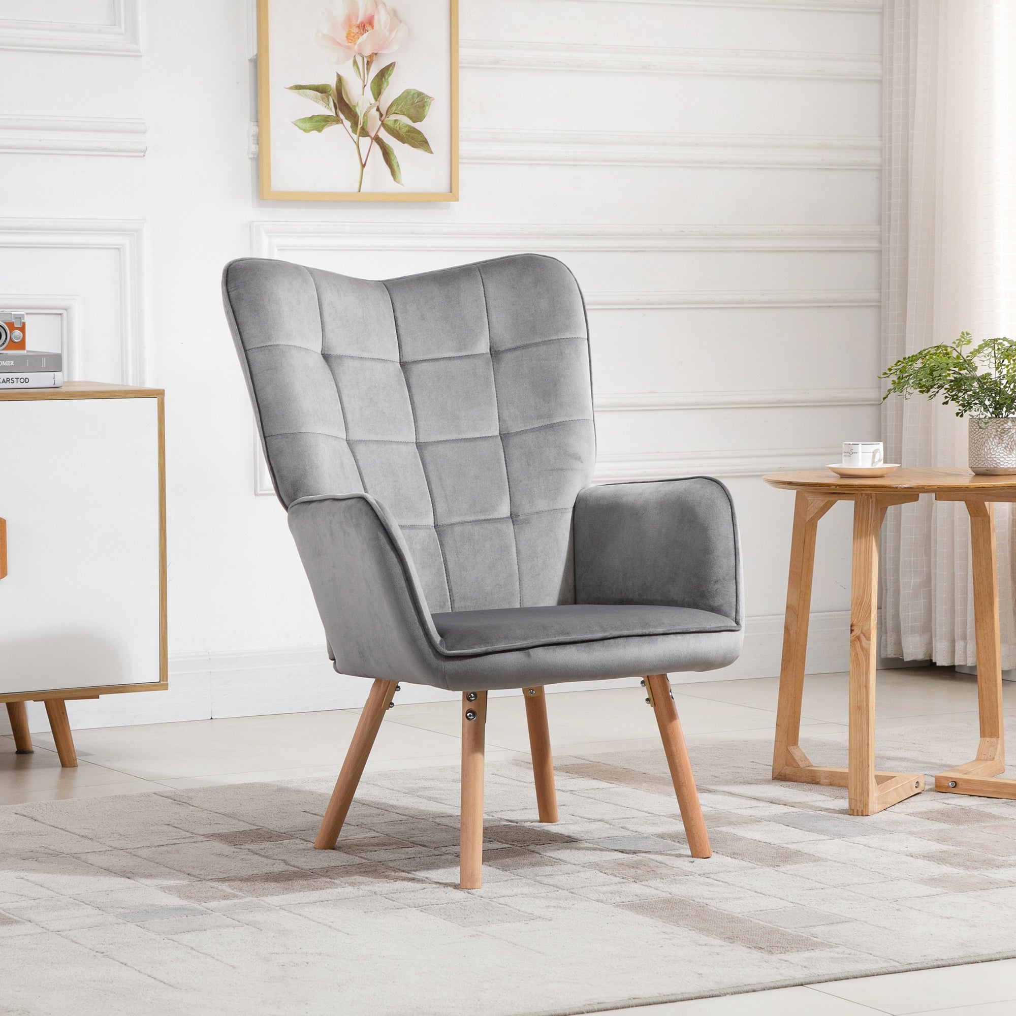 HOMCOM Modern Accent Chair, Upholstered Tufted Wingback Armchair with Seat Padding, Leisure Lounge Bedroom Chair with Wood Legs, Grey
