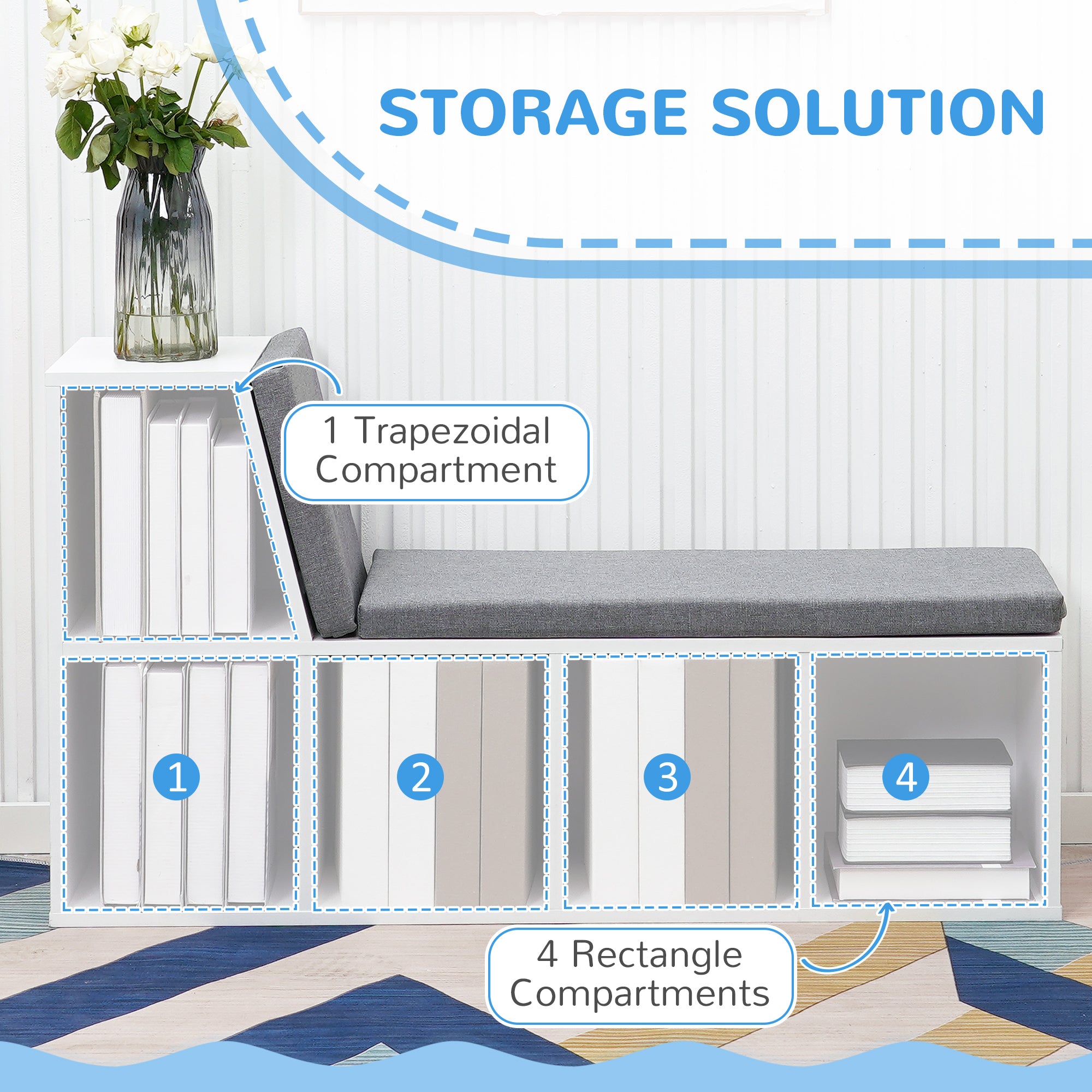 HOMCOM Bookshelf with Reading Nook, Bookcase with Seat Cushion, 5 Cube Storage Shelf for Home Office, Study, Grey
