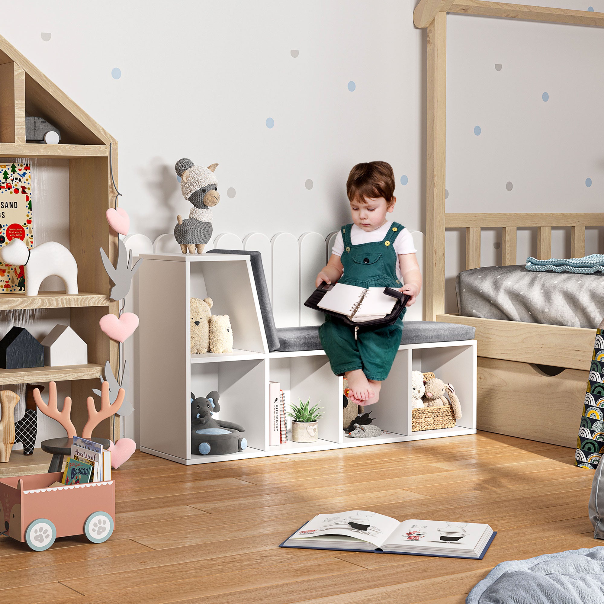 HOMCOM Bookshelf with Reading Nook, Bookcase with Seat Cushion, 5 Cube Storage Shelf for Home Office, Study, Grey