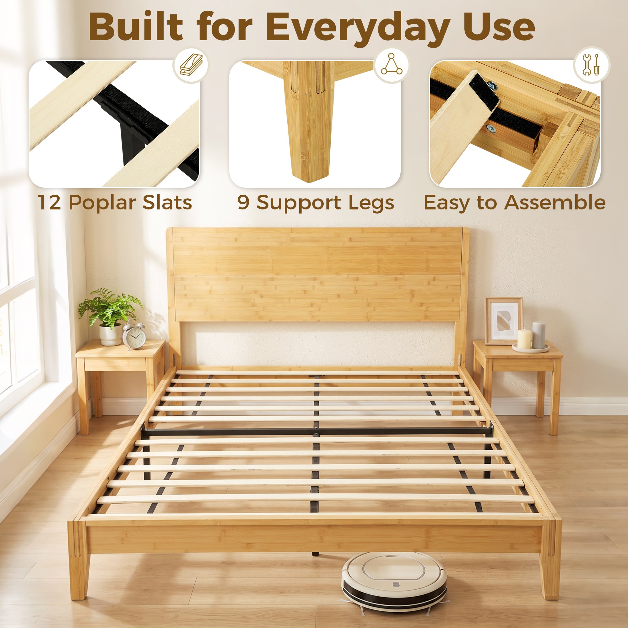 Queen Size Bamboo Platform Bed Frame with Headboard, Bed Frame with 12 Poplar Slats, No Box Spring Needed, Easy Assembly, Natural