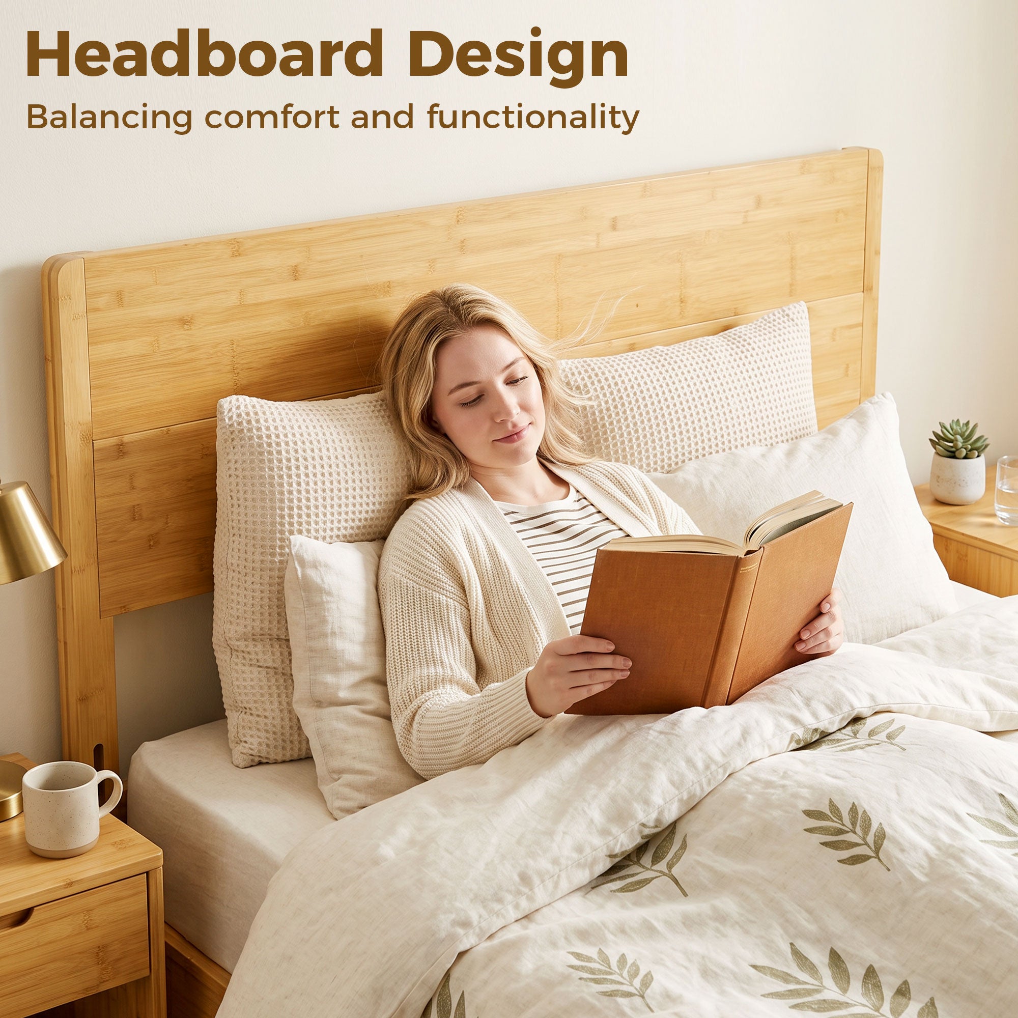 Queen Size Bamboo Platform Bed Frame with Headboard, Bed Frame with 12 Poplar Slats, No Box Spring Needed, Easy Assembly, Natural
