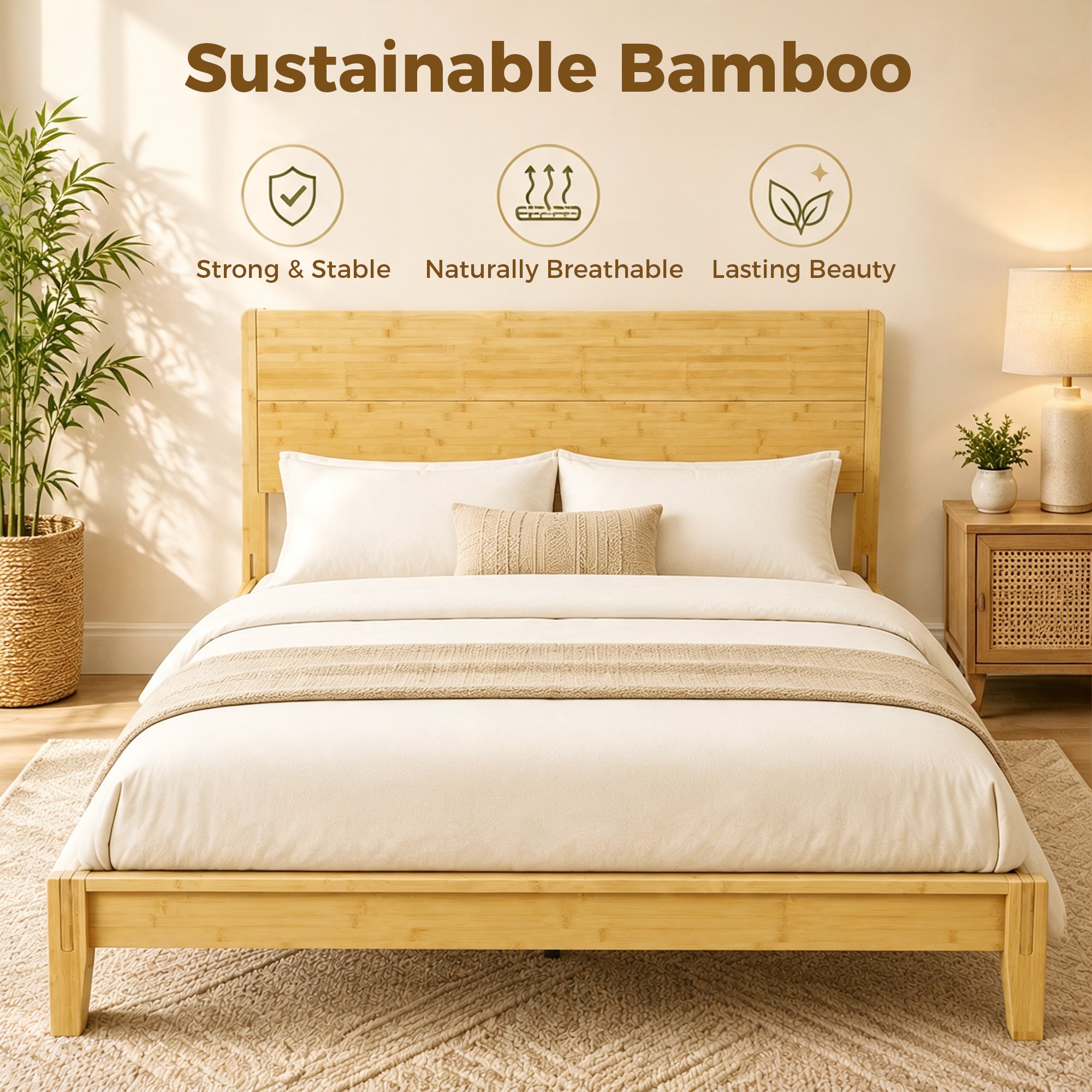 Queen Size Bamboo Platform Bed Frame with Headboard, Bed Frame with 12 Poplar Slats, No Box Spring Needed, Easy Assembly, Natural