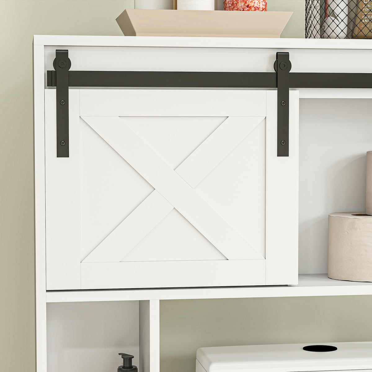 Over-Toilet Storage Cabinet with Sliding Barn Door, Farmhouse Bathroom Cabinet with Compartments & Adjustable Shelf, Freestanding Bathroom Space Saver for Restroom, White