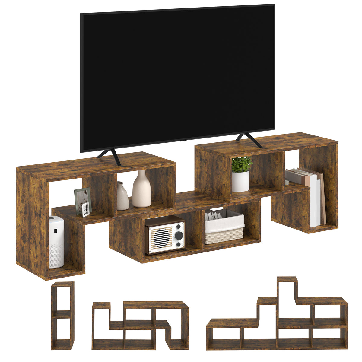 TV Stand for TVs up to 75", 3-Piece Modular TV Console, Industrial Entertainment Center with Open Storage Shelves for Living Room, Rustic Brown