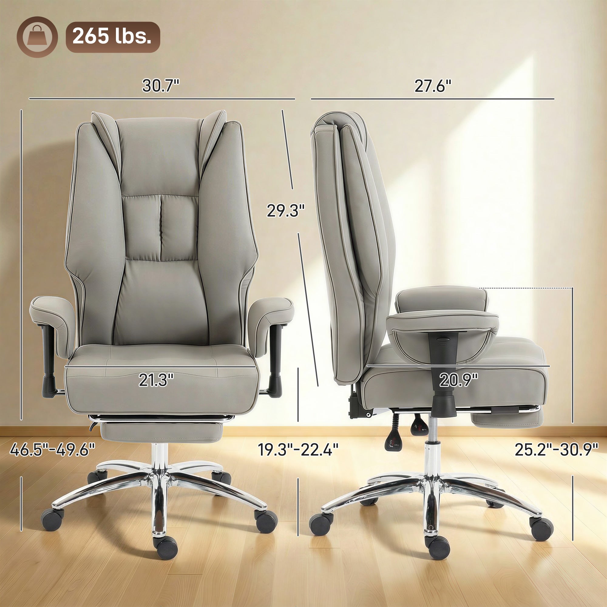 Ergonomic Executive Office Chair with Foot Rest, Reclining Swivel Computer Desk Chair with Adjustable Armrests, Spring Seat, High Back, Thick Cushion, Pet Friendly Faux Leather, Light Gray