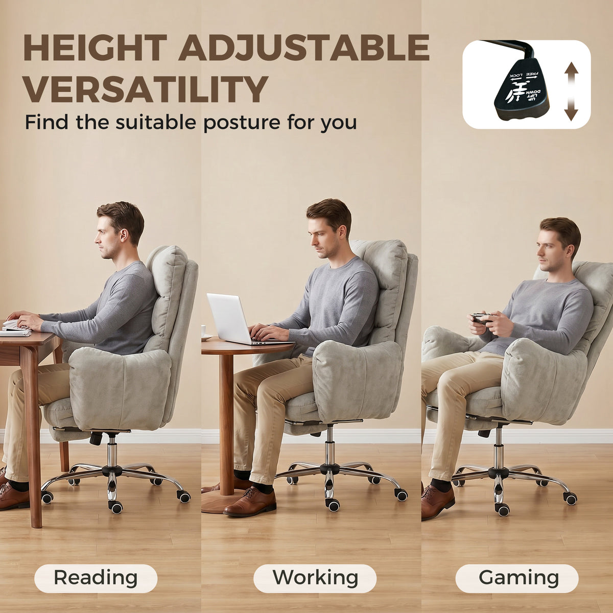 Office Chair with Foot Rest, Ergonomic Reclining Computer Gaming Chair with Snow Flannel Fabric, Thick Cushion, Padded Armrest, High Back and Adjustable Height, Light Grey