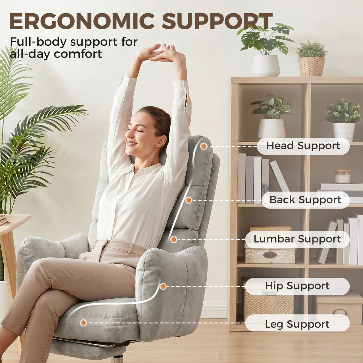 Office Chair with Foot Rest, Ergonomic Reclining Computer Gaming Chair with Snow Flannel Fabric, Thick Cushion, Padded Armrest, High Back and Adjustable Height, Light Grey