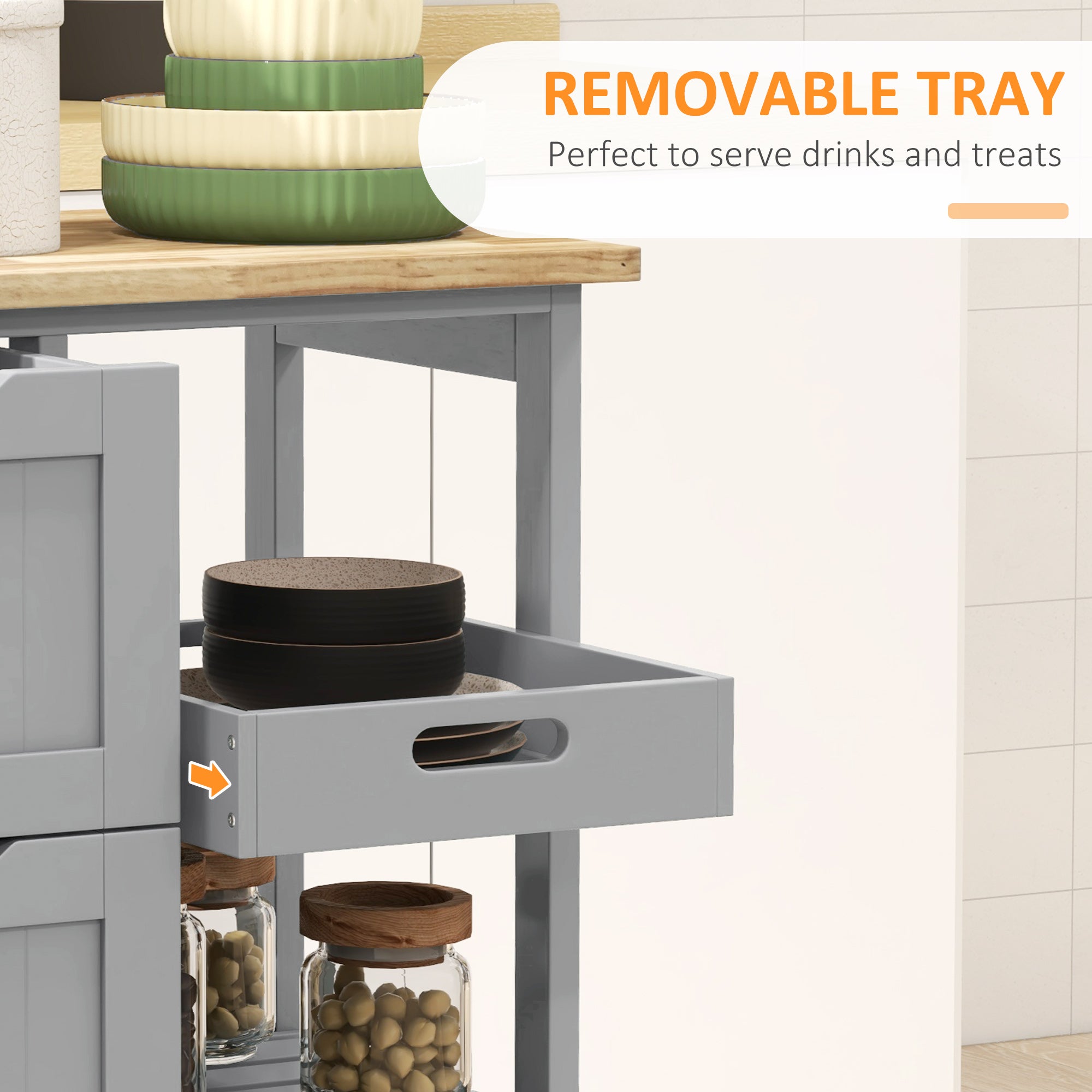 Rolling Kitchen Island Cart, Bar Serving Cart, Compact Trolley on Wheels with Wood Top, Shelves & Drawers for Home Dining Area, Grey
