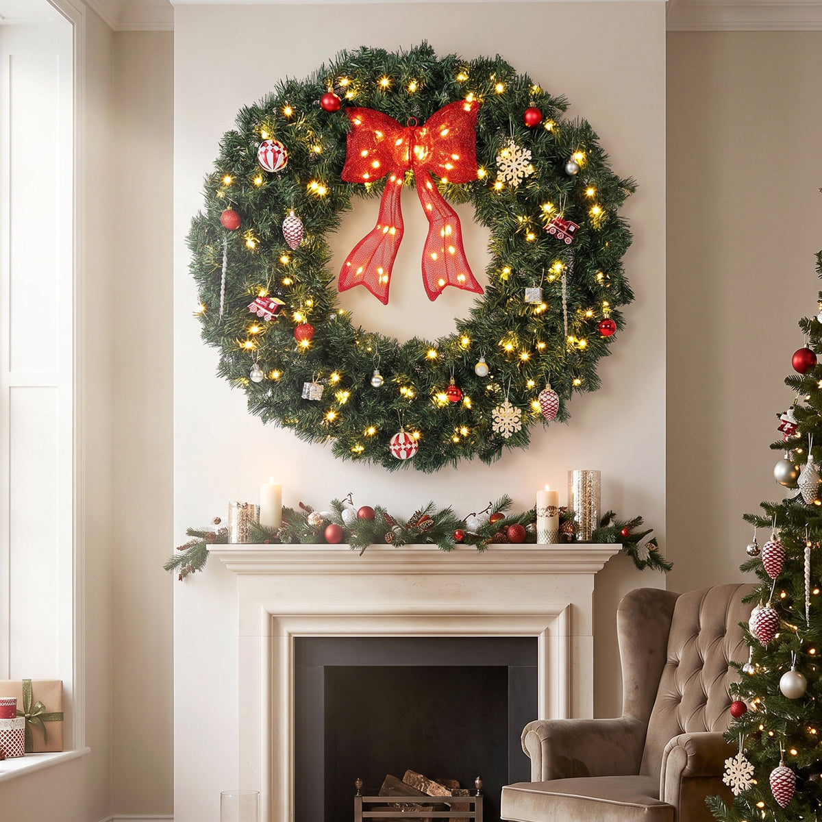 36 Inch Pre-Lit Christmas Wreath for Front Door with 130 LED Lights, Lighted Bow and 21 Ornament Set, Artificial Xmas Wreath for Covered Porch, Wall Decoration, Green