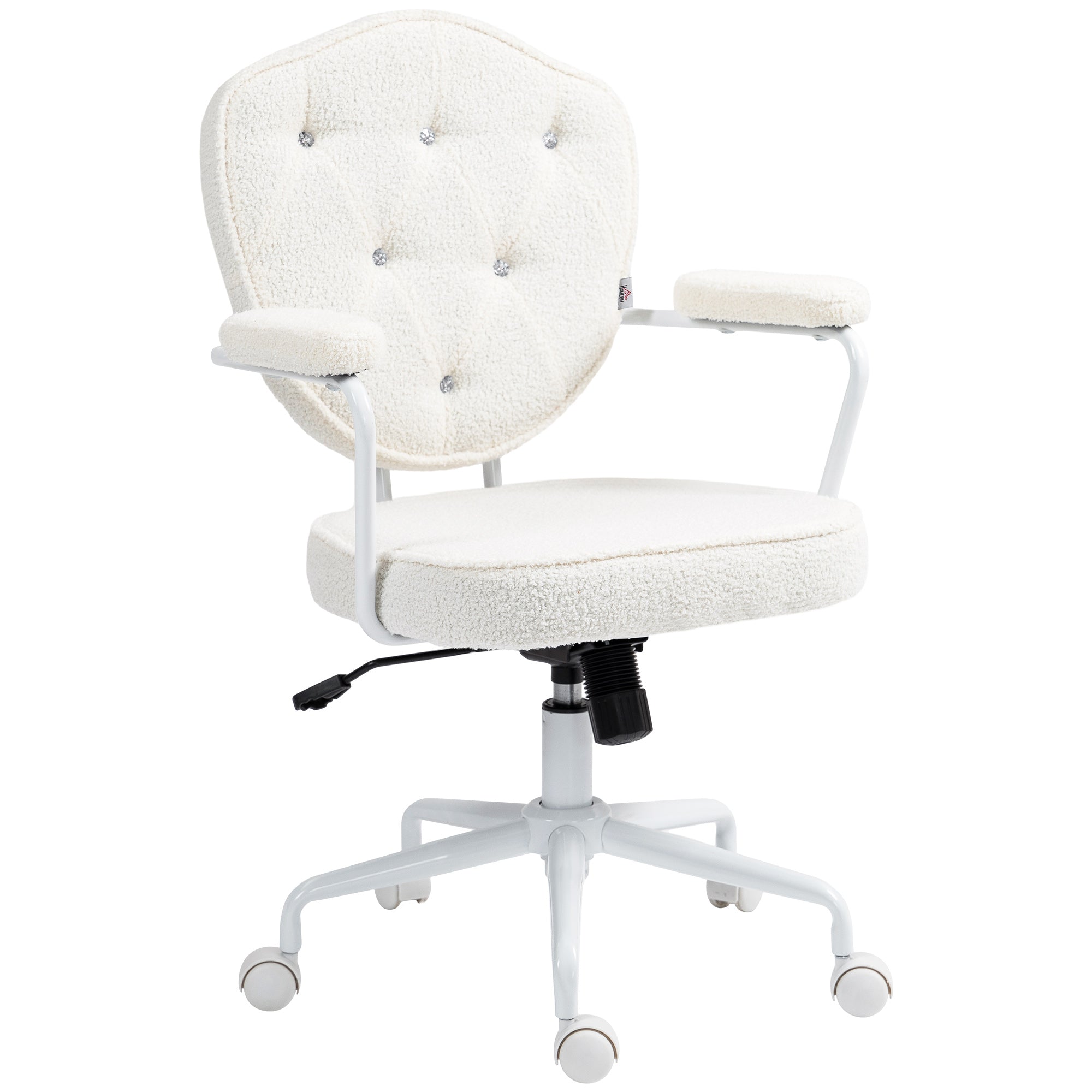Teddy Fleece Office Chair, Button-Tufted Swivel Vanity Seat, Cream White